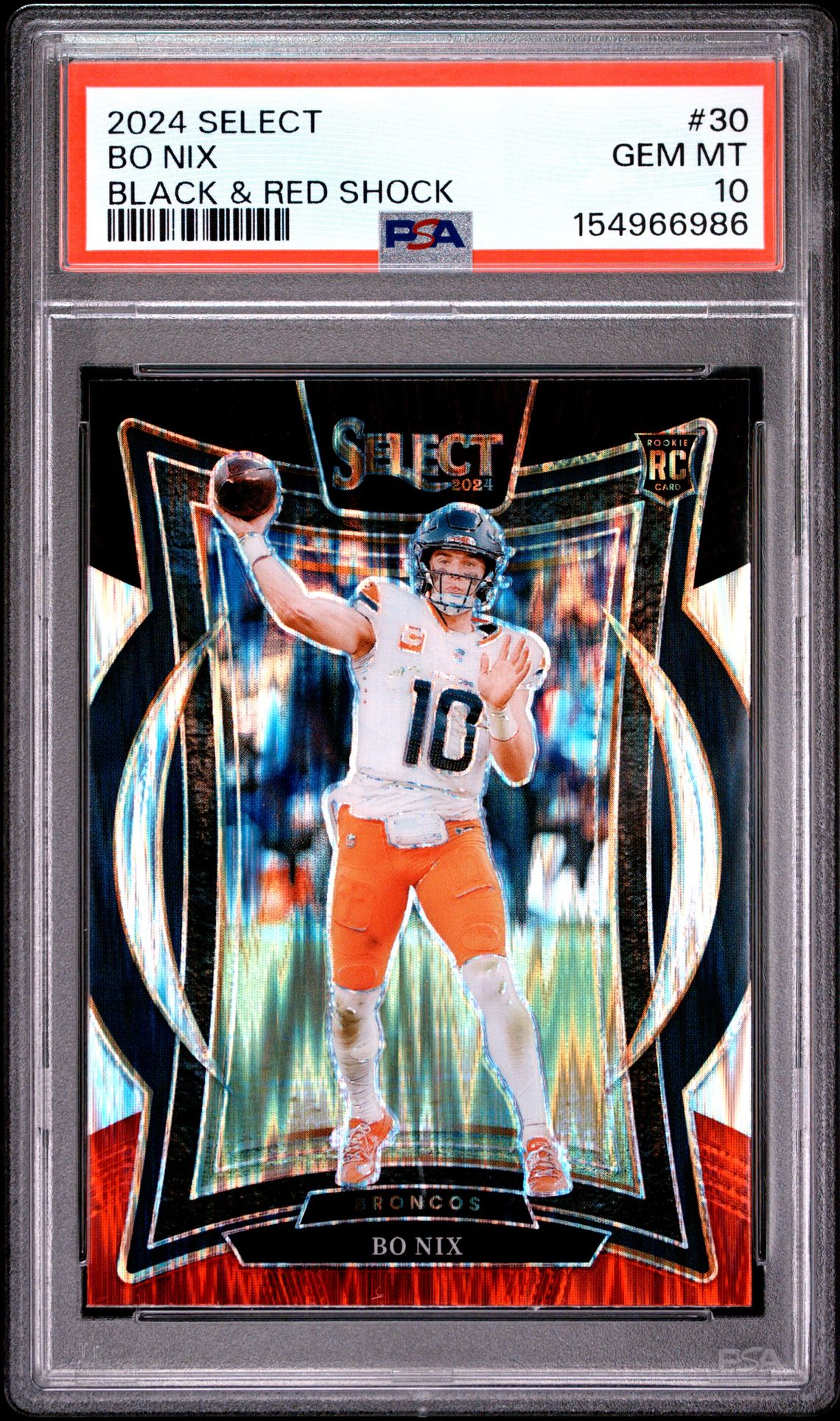 2024 Panini Select Bo Nix #30 (Black & Red Shock) Gem Mt 10 front view - PSA graded GEM MT 10