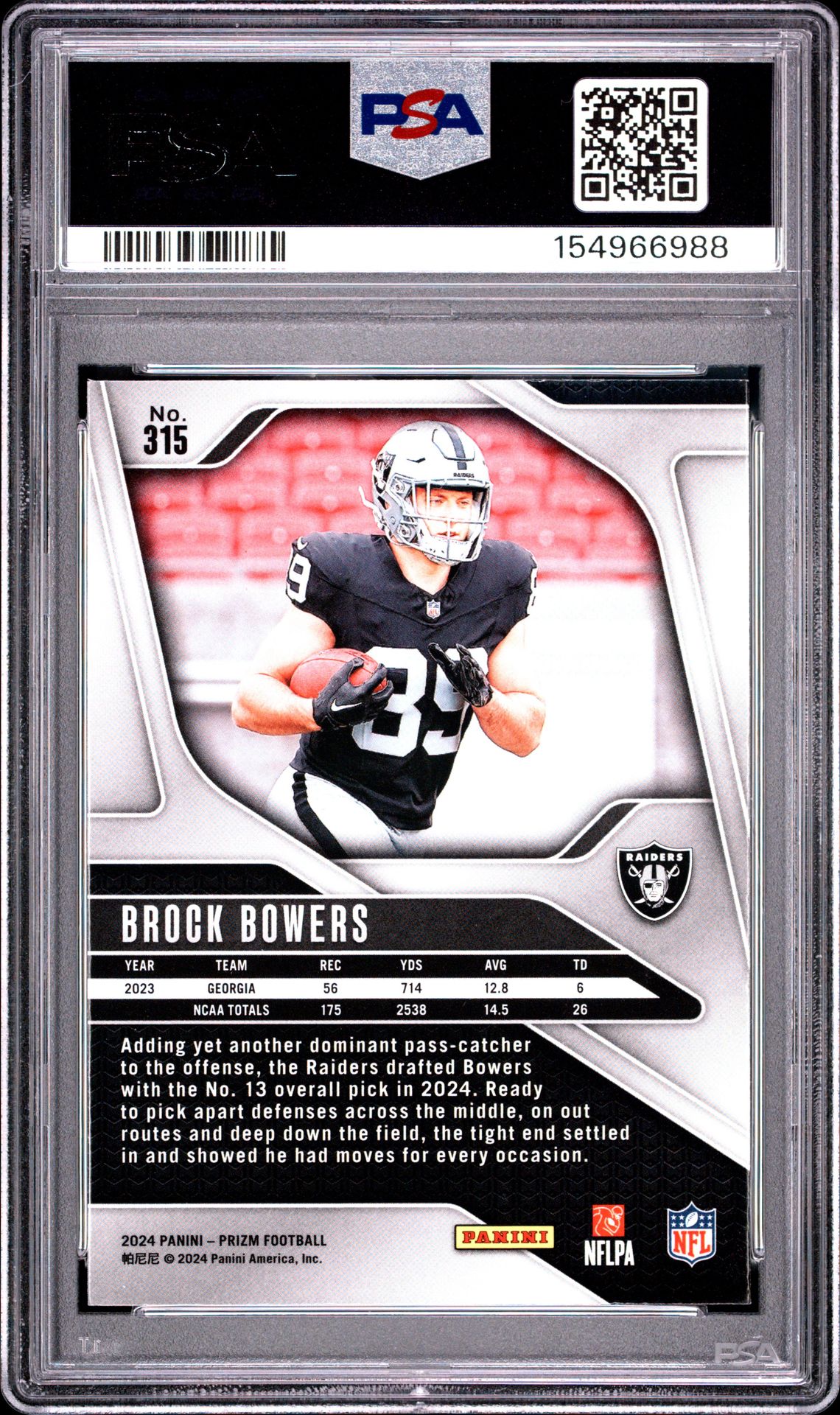 2024 Panini Prizm Brock Bowers #315 Mint 9 back