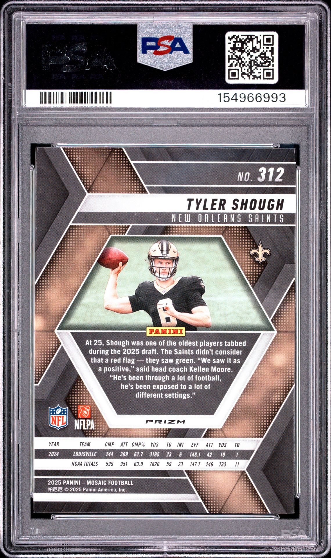 2025 Panini Mosaic Tyler Shough #312 (Genesis) Gem Mt 10 back view - PSA certificate #154966993