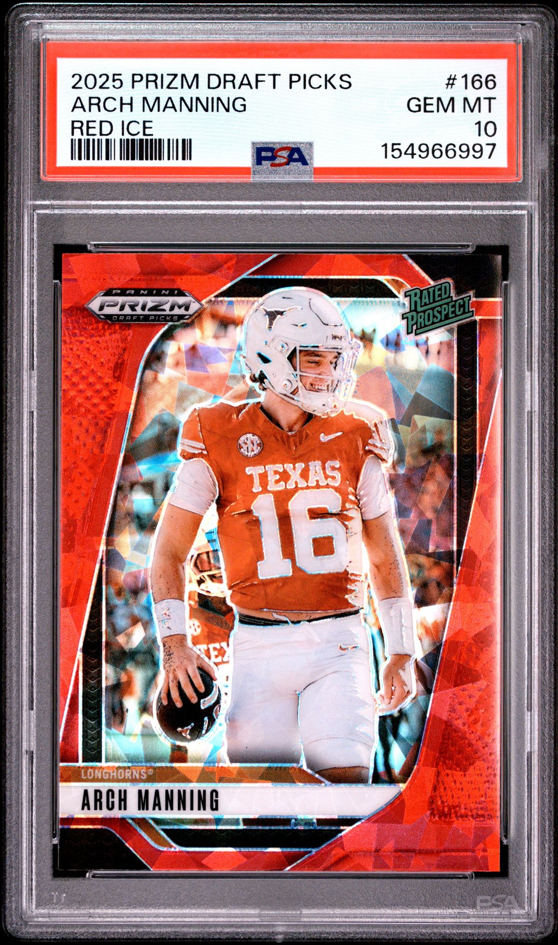 2025 Panini Prizm Draft Picks Arch Manning #166 (Red Ice) Gem Mt 10 front view - PSA graded GEM MT 10