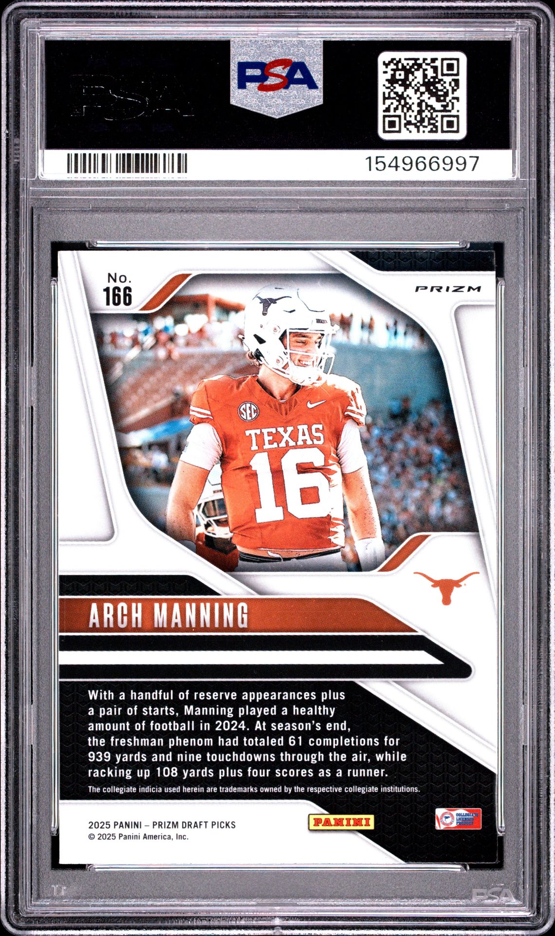 2025 Panini Prizm Draft Picks Arch Manning #166 (Red Ice) Gem Mt 10 back view - PSA certificate #154966997