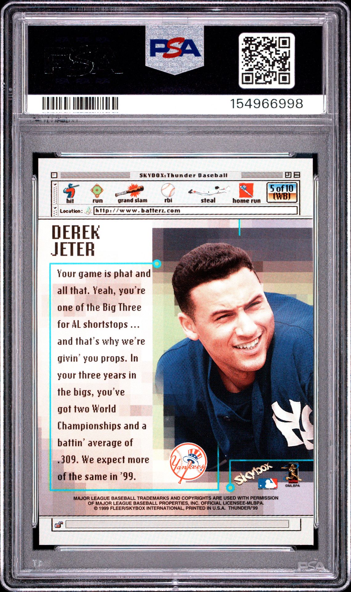 1999 Skybox Thunder Www.batterz.com Derek Jeter #5 (Www.batterz.com) Mint 9 back