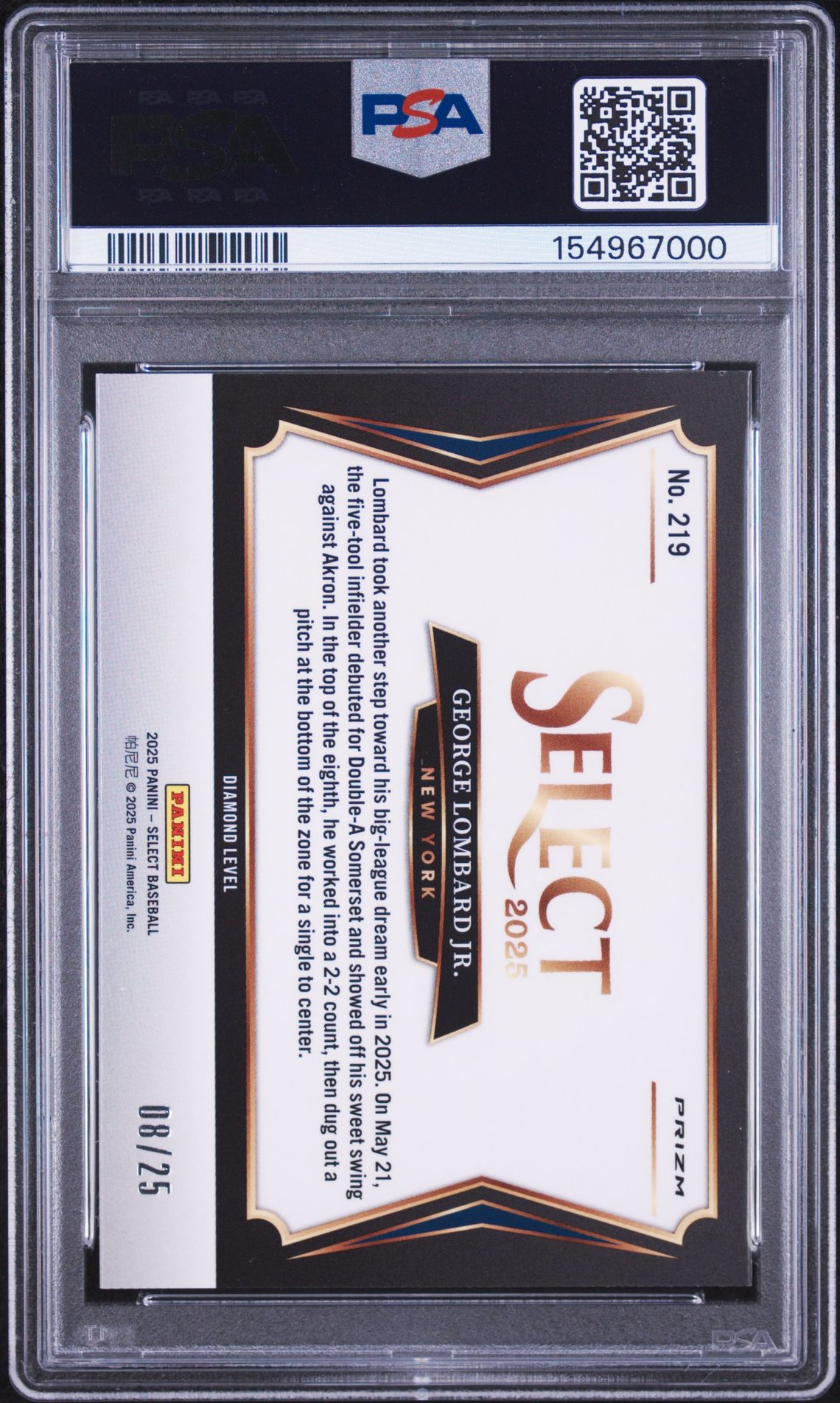 2025 Panini Select George Lombard Jr. #219 (Tie-Dye Prizm) Gem Mt 10 back view - PSA certificate #154967000