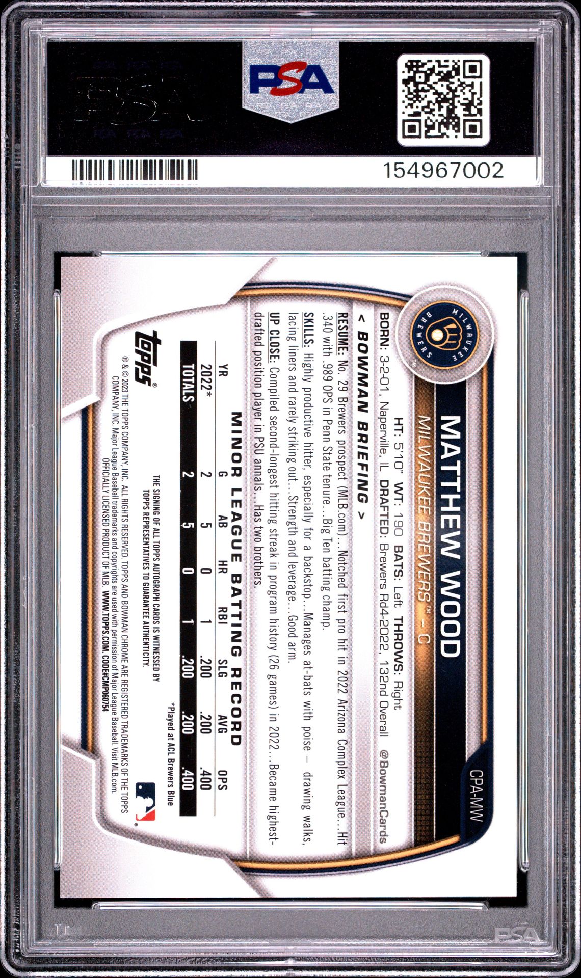 2023 Bowman Chrome Prospect Autographs Matthew Wood #Cpamw (Chrome Prospect Auto) Gem Mt 10 back view - PSA certificate #154967002