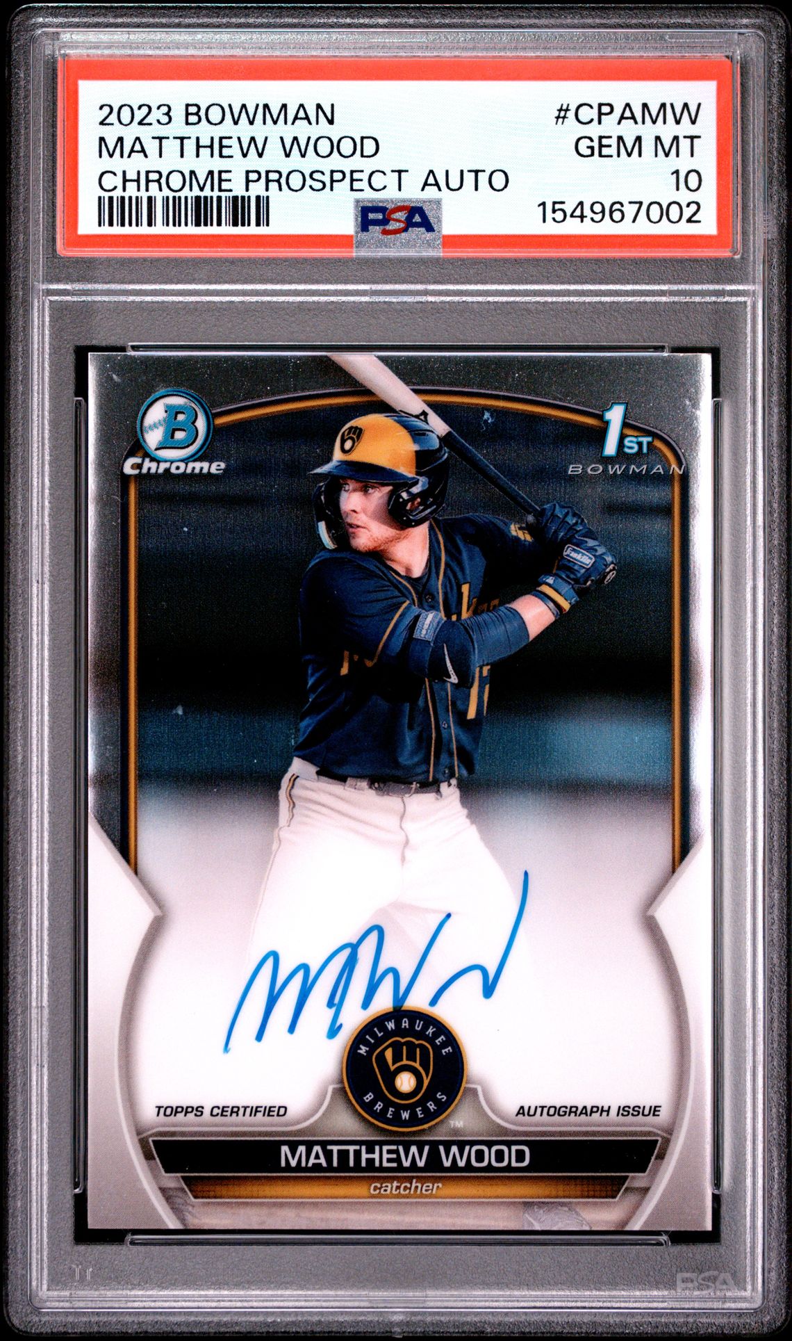 2023 Bowman Chrome Prospect Autographs Matthew Wood #Cpamw (Chrome Prospect Auto) Gem Mt 10 front view - PSA graded GEM MT 10