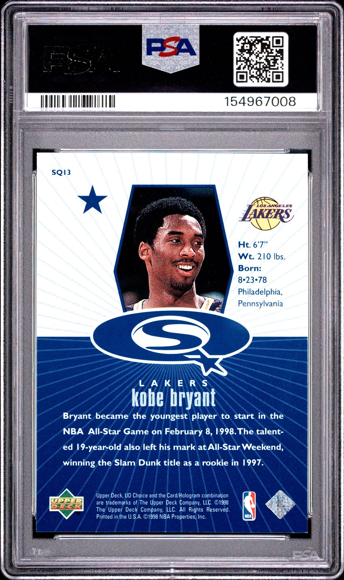 1998 Ud Choice Starquest Kobe Bryant #Sq13 (Starquest-Blue) Nm-Mt 8 back