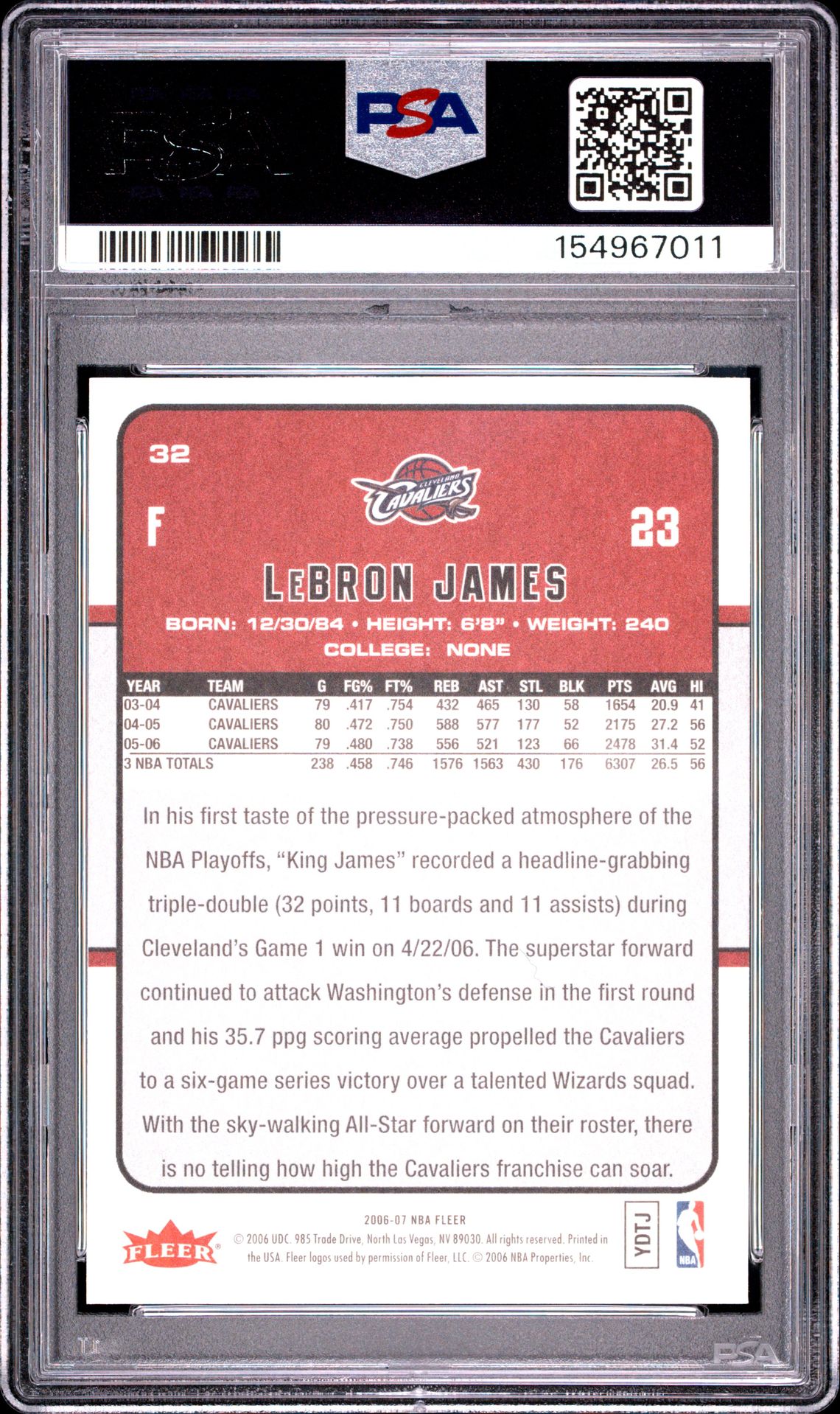 2006 Fleer Lebron James #32 Mint 9 back