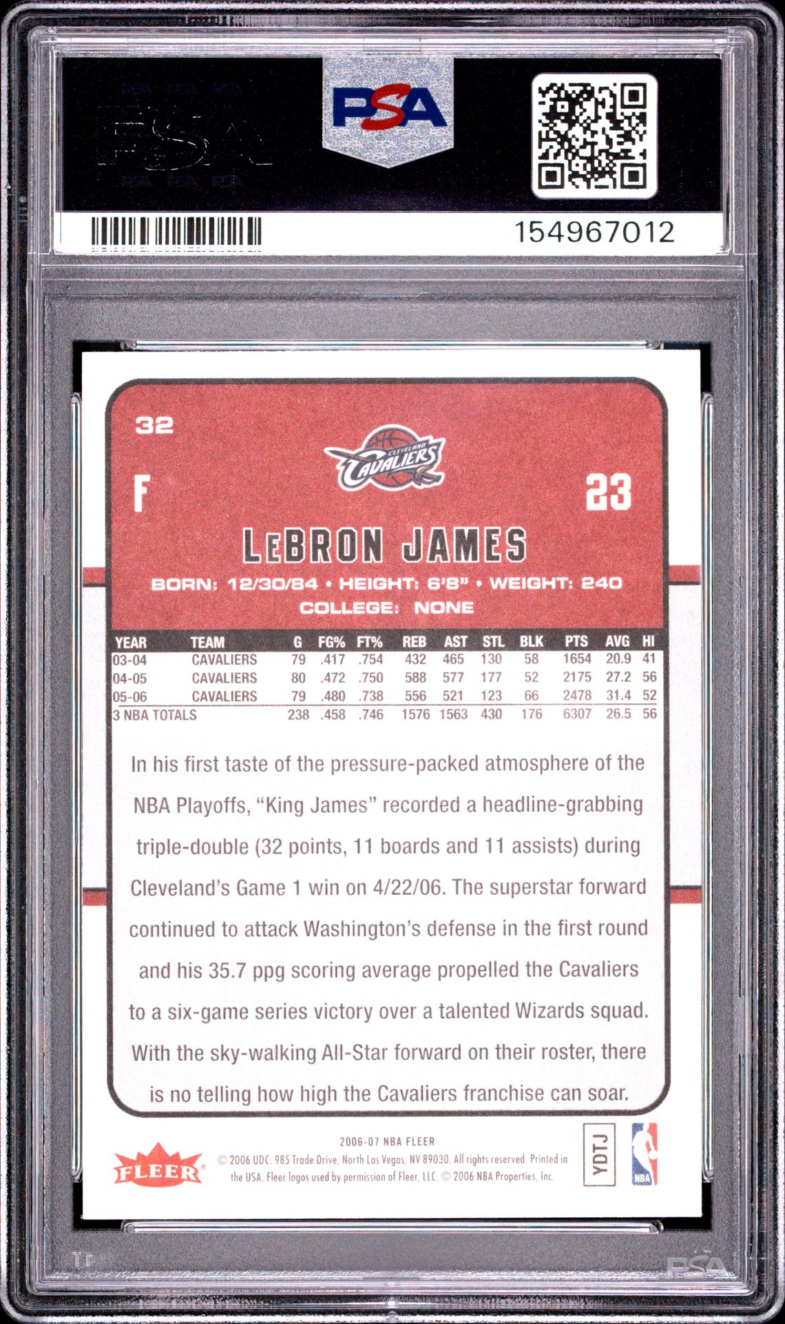 2006 Fleer Lebron James #32 Mint 9 back