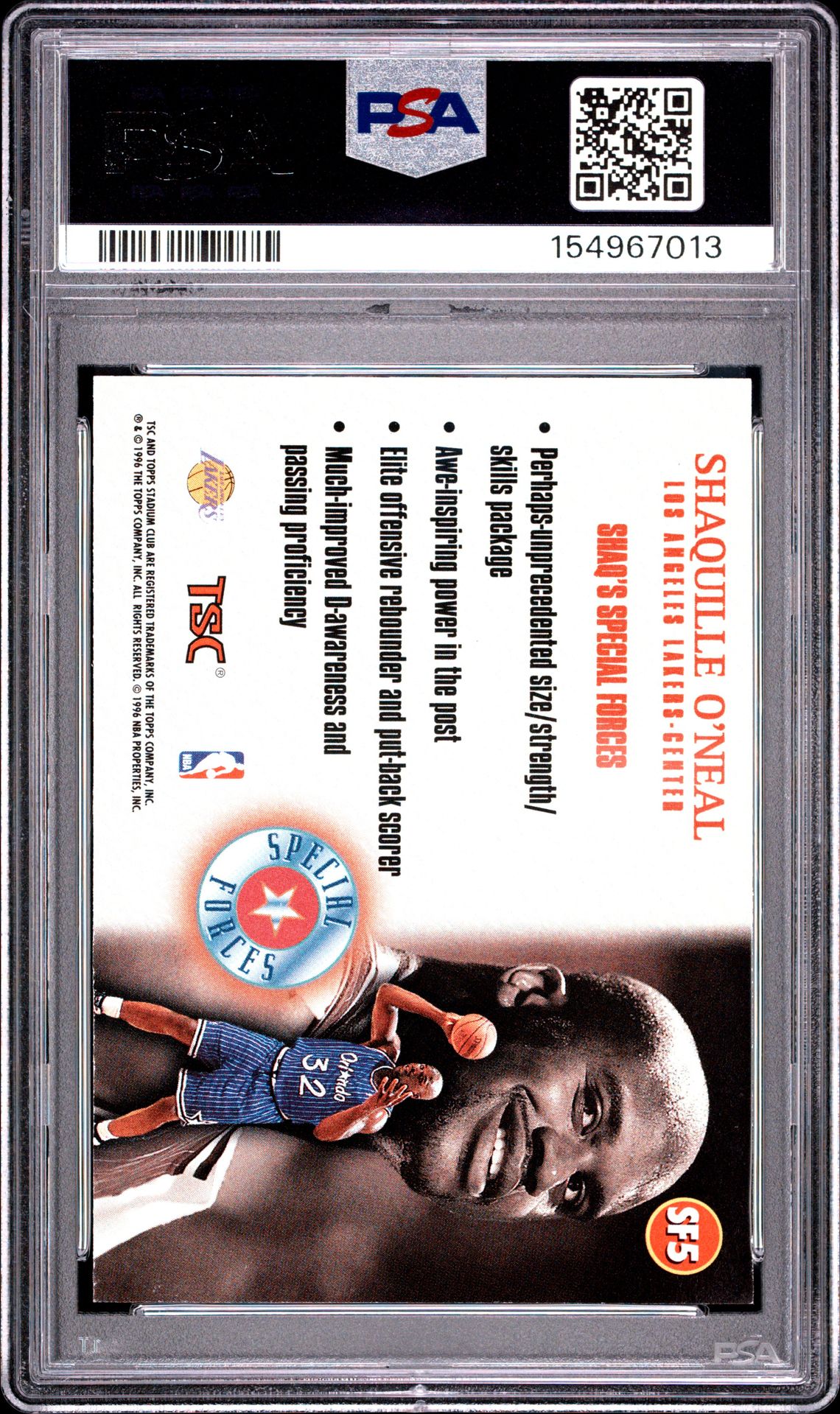 1996 Stadium Club Special Forces Shaquille O'neal #Sf5 (Special Forces) Nm 7 back