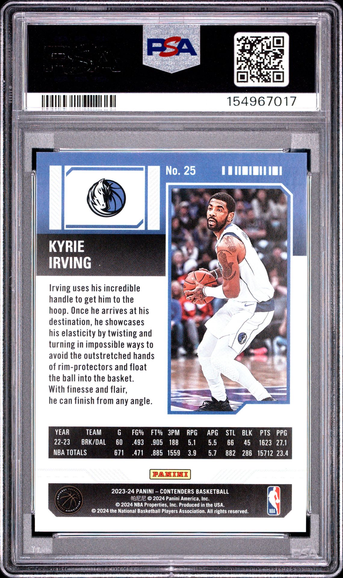2023 Panini Contenders Kyrie Irving #25 (Playoff) Gem Mt 10 back view - PSA certificate #154967017
