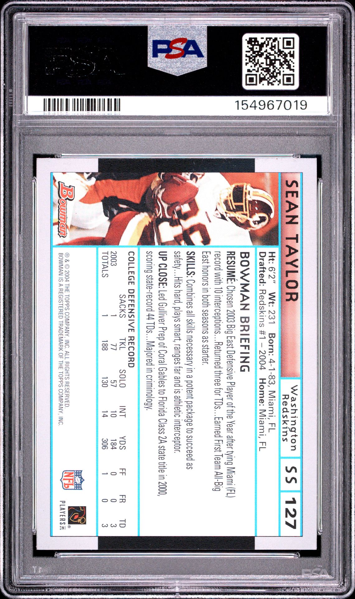 2004 Bowman Sean Taylor #127 Mint 9 back