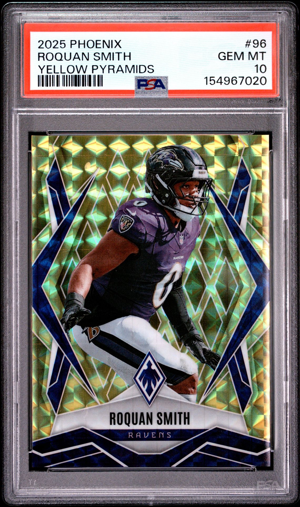 2025 Panini Phoenix Roquan Smith #96 (Yellow Pyramids) Gem Mt 10 front view - PSA graded GEM MT 10