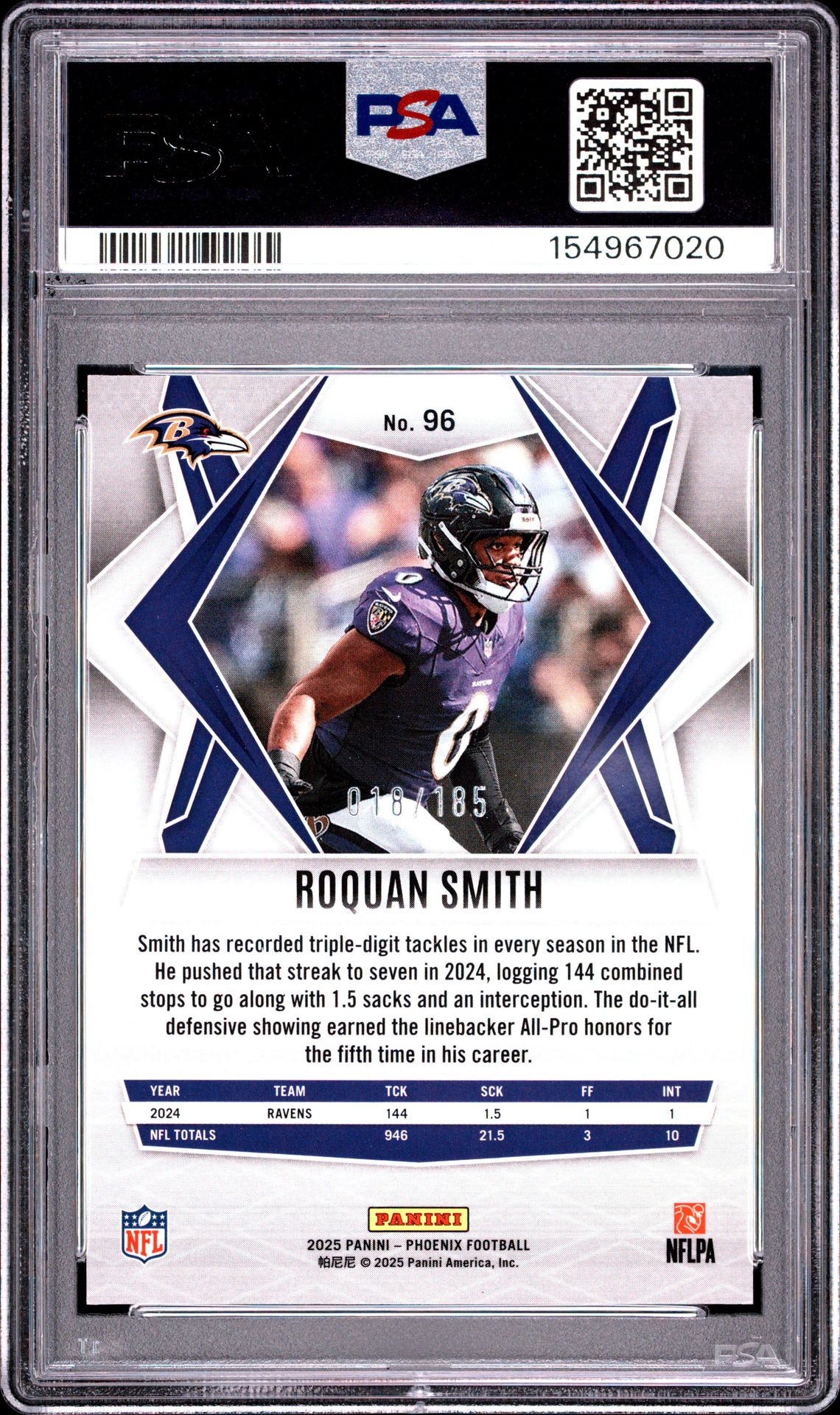 2025 Panini Phoenix Roquan Smith #96 (Yellow Pyramids) Gem Mt 10 back view - PSA certificate #154967020
