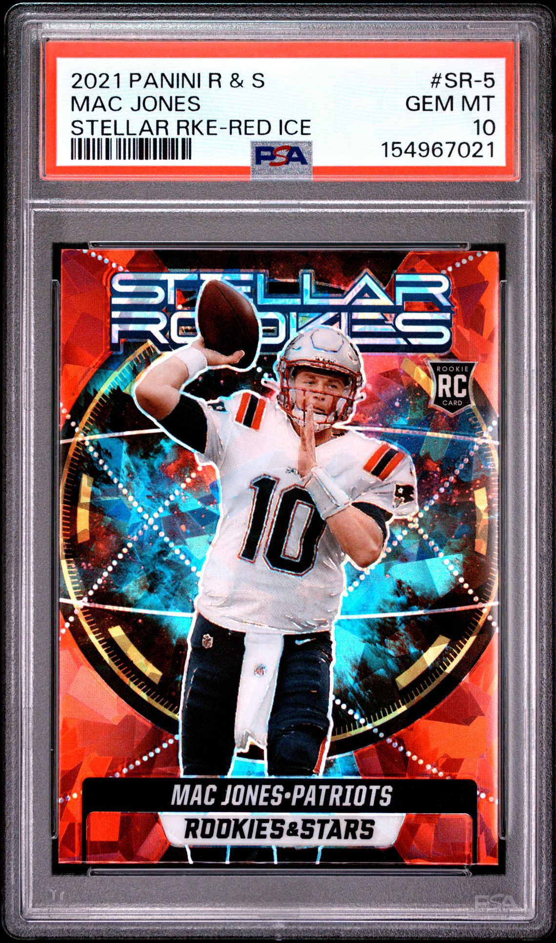2021 Panini Rookies & Stars Stellar Rookies Mac Jones #Sr-5 (Stellar Rke-Red Ice) Gem Mt 10 front view - PSA graded GEM MT 10