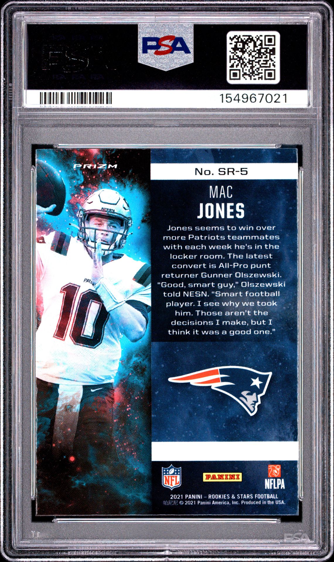 2021 Panini Rookies & Stars Stellar Rookies Mac Jones #Sr-5 (Stellar Rke-Red Ice) Gem Mt 10 back view - PSA certificate #154967021