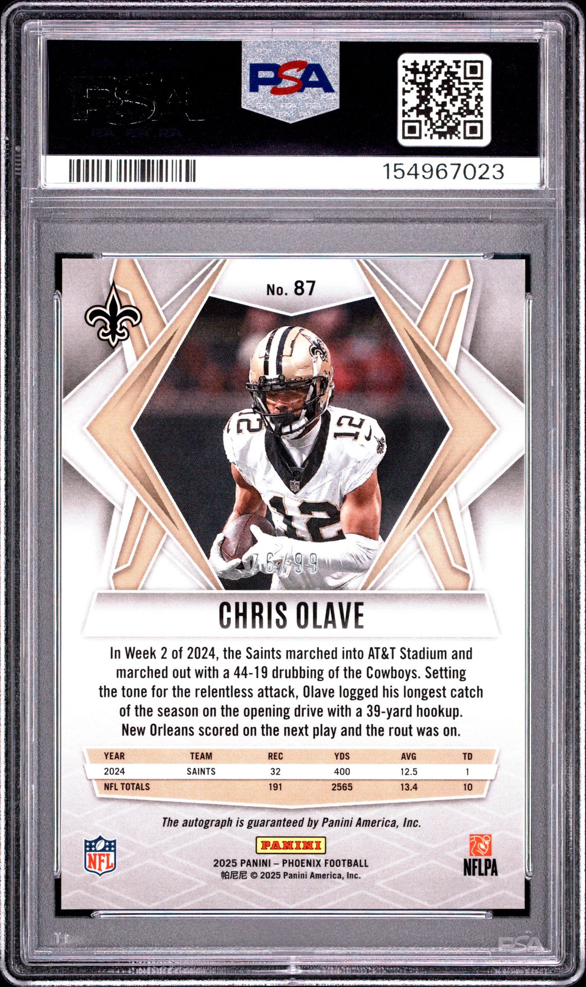 2025 Panini Phoenix Chris Olave #87 (Autograph-Pyramids) Mint 9 back