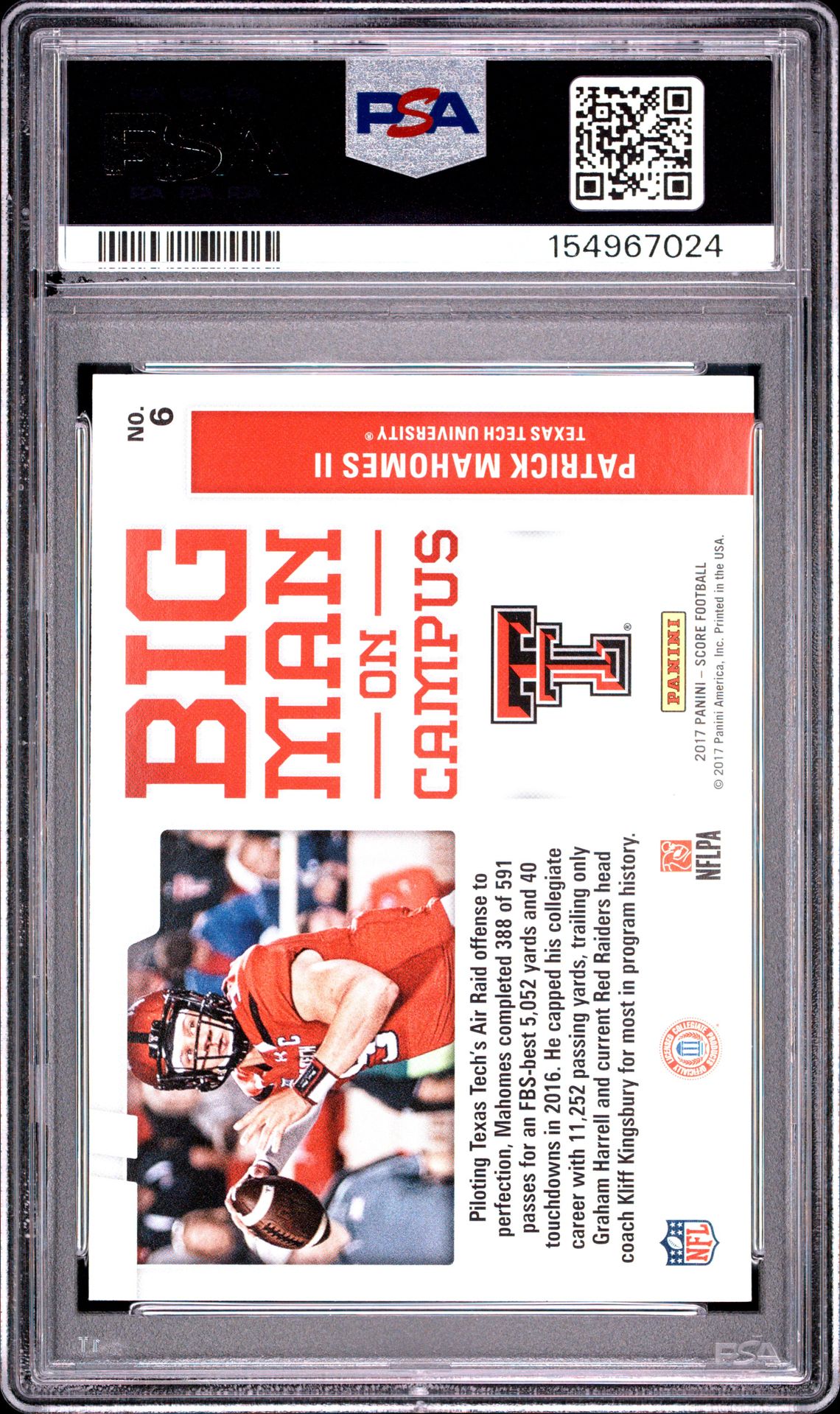 2017 Panini Score Big Man On Campus Patrick Mahomes Ii #6 (Big Man On Campus) Gem Mt 10 back view - PSA certificate #154967024