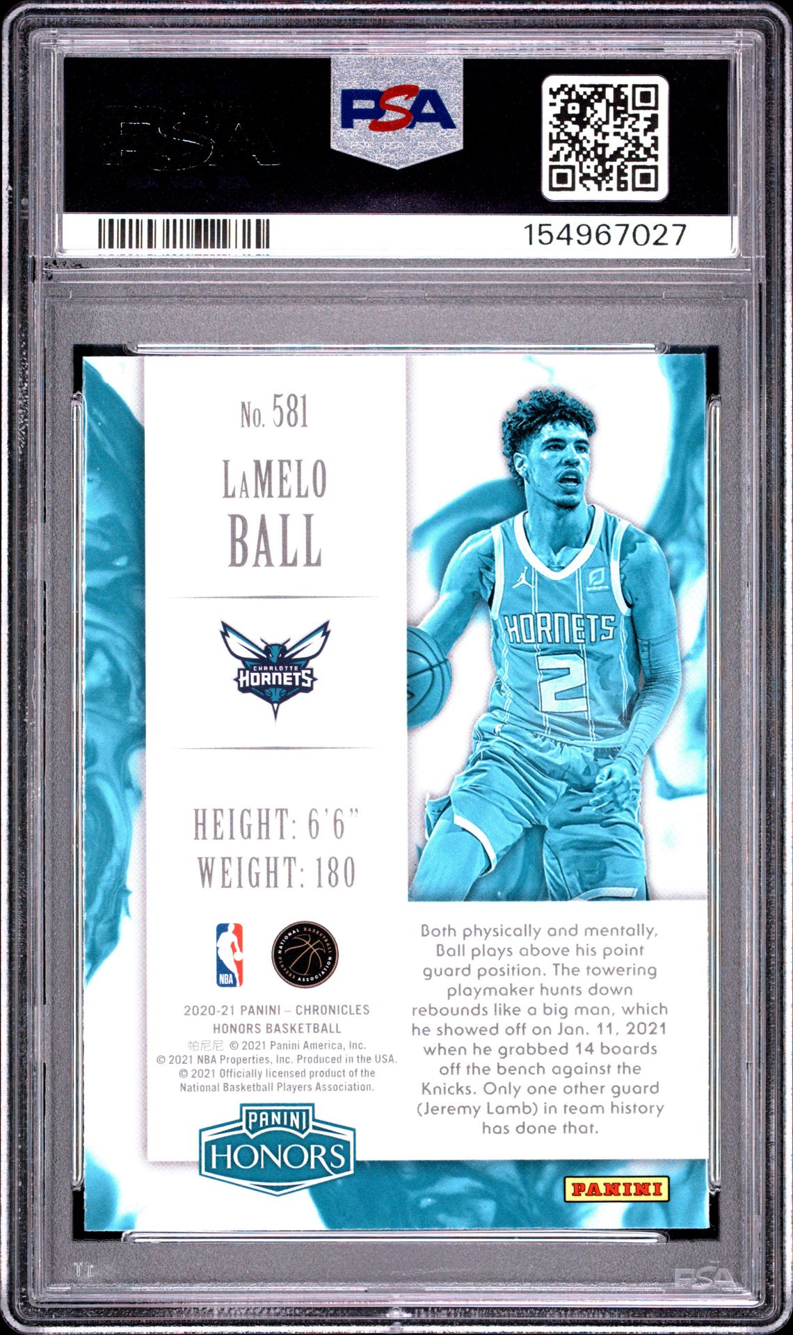 2020 Panini Chronicles Lamelo Ball #581 Gem Mt 10 back view - PSA certificate #154967027