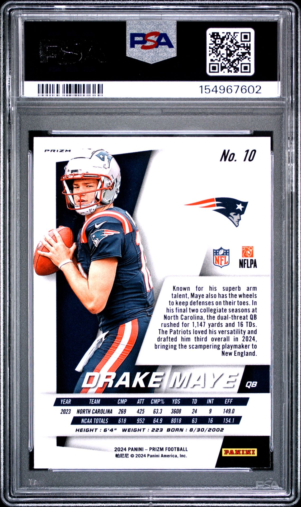 2024 Panini Prizm Prizm Flashback Rookie Drake Maye #10 (Flashback Rookie-No Huddle) Mint 9 back