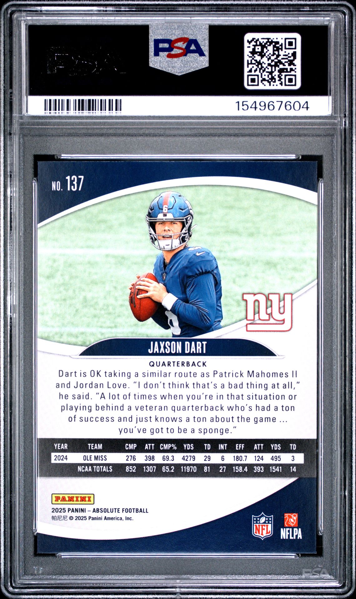 2025 Panini Absolute Jaxson Dart #137 (Red Squares) Mint 9 back