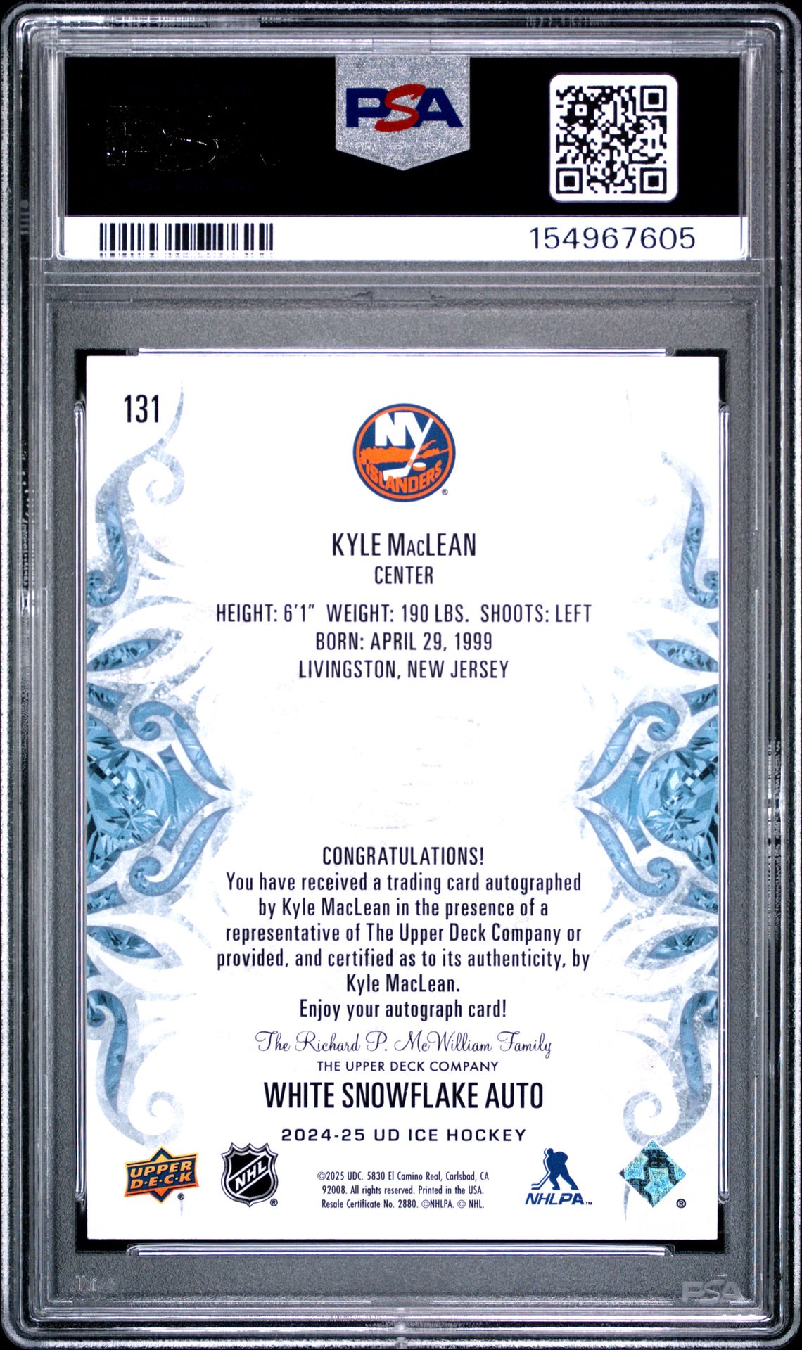 2024 Upper Deck Ice Kyle Maclean #131 (White Snowflake Auto) Mint 9 back
