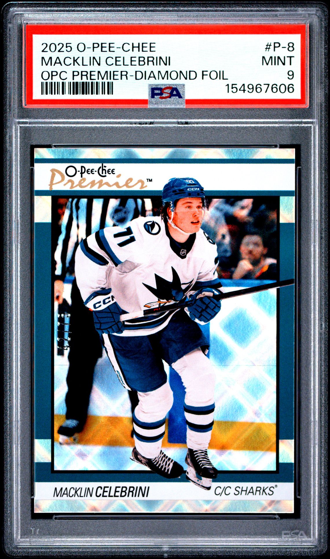 2025 Upper Deck O-Pee-Chee O-Pee-Chee Premier Macklin Celebrini #P-8 (Opc Premier-Diamond Foil) Mint 9 front