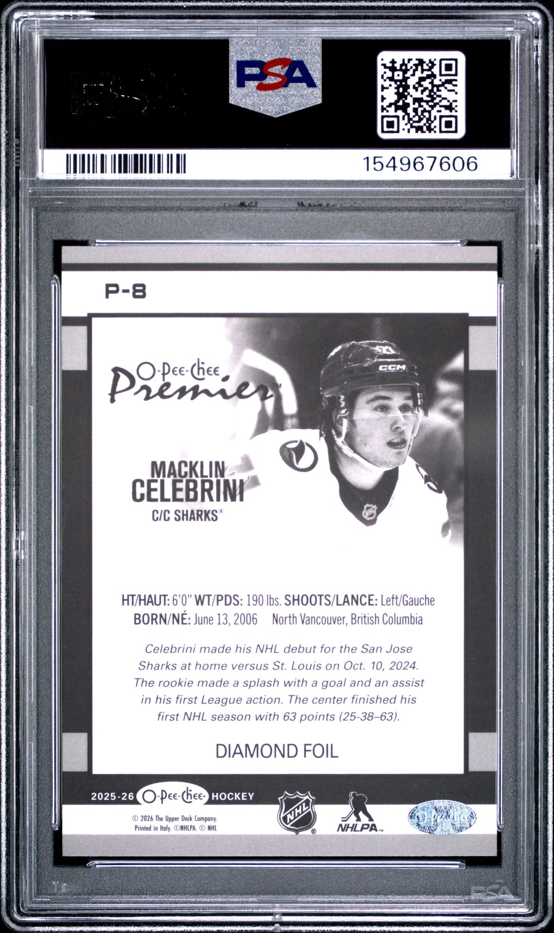 2025 Upper Deck O-Pee-Chee O-Pee-Chee Premier Macklin Celebrini #P-8 (Opc Premier-Diamond Foil) Mint 9 back