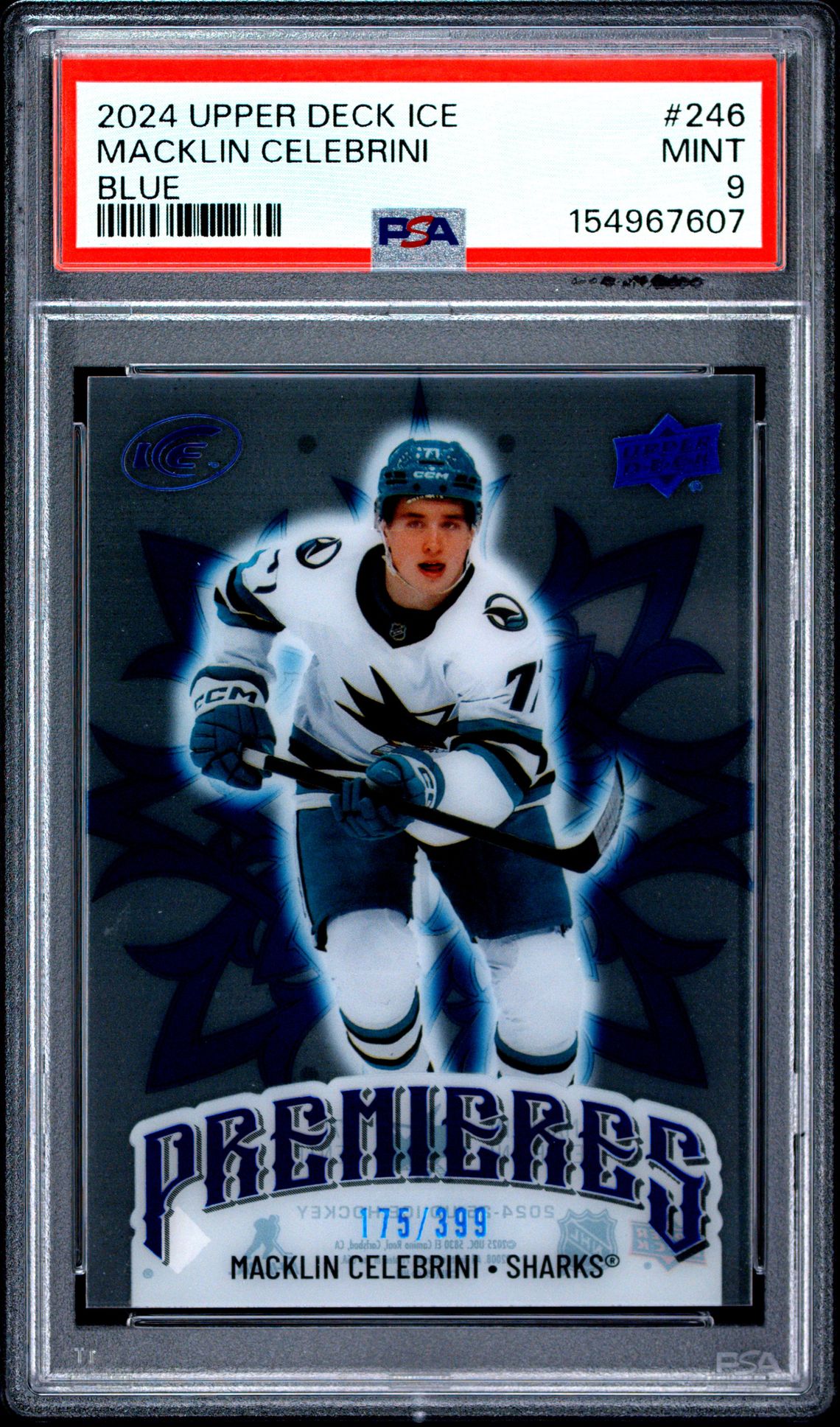 2024 Upper Deck Ice Macklin Celebrini #246 (Blue) Mint 9 front