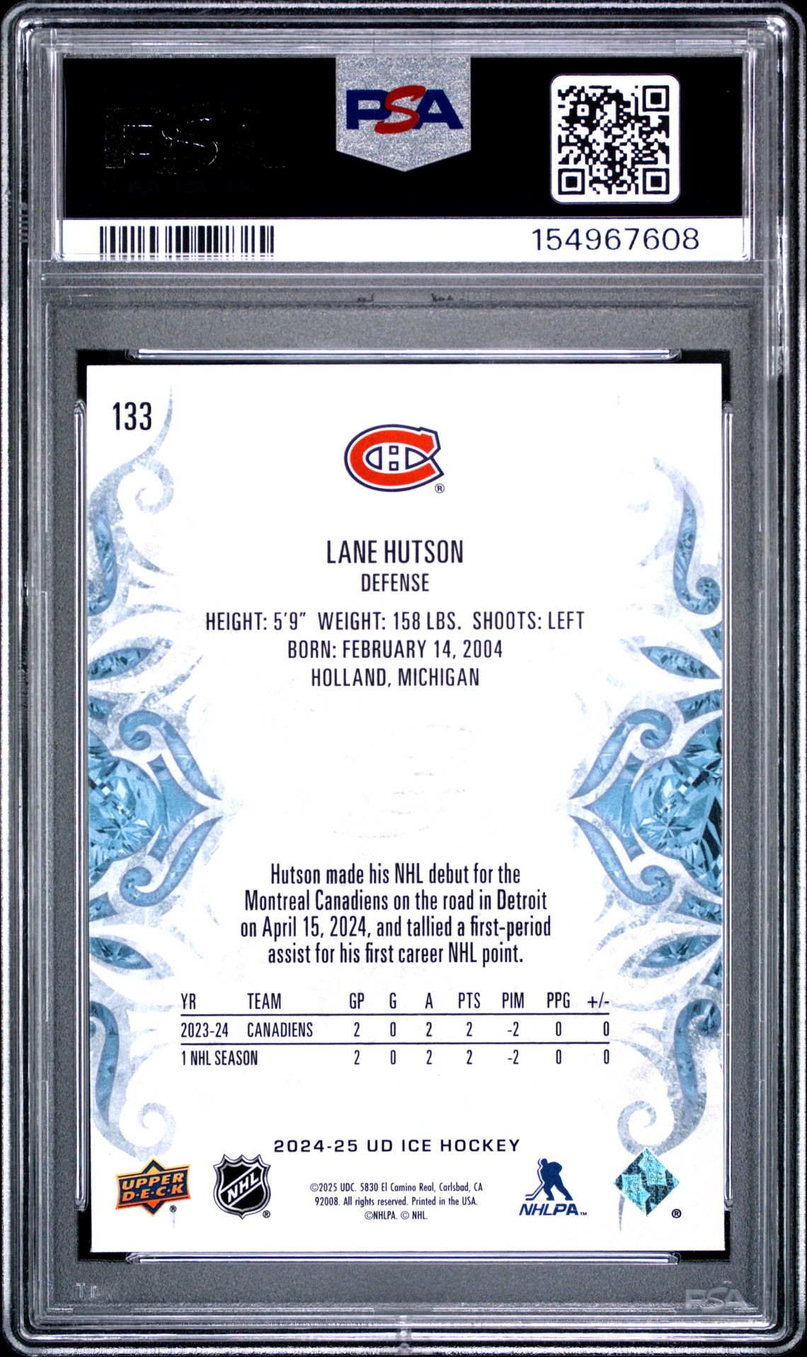 2024 Upper Deck Ice Lane Hutson #133 Mint 9 back