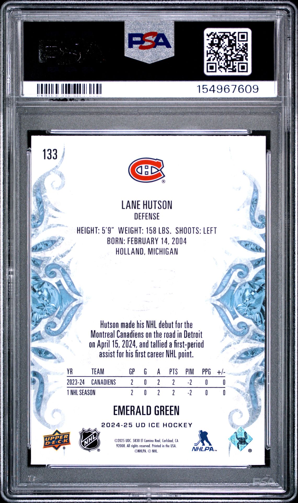 2024 Upper Deck Ice Lane Hutson #133 (Emerald Green) Gem Mt 10 back