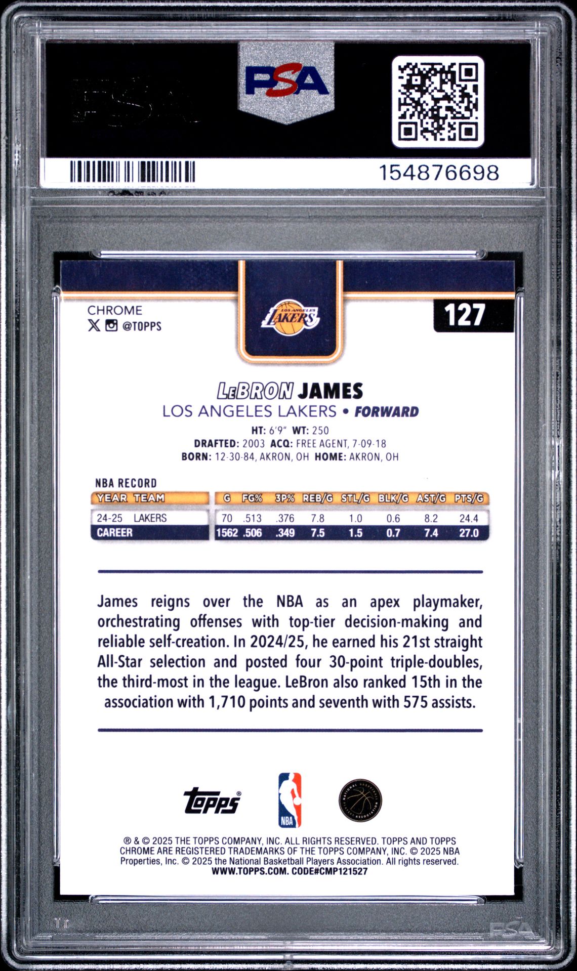 2025 TOPPS CHROME LeBRON JAMES PULSAR 127 GEM MT 10 back