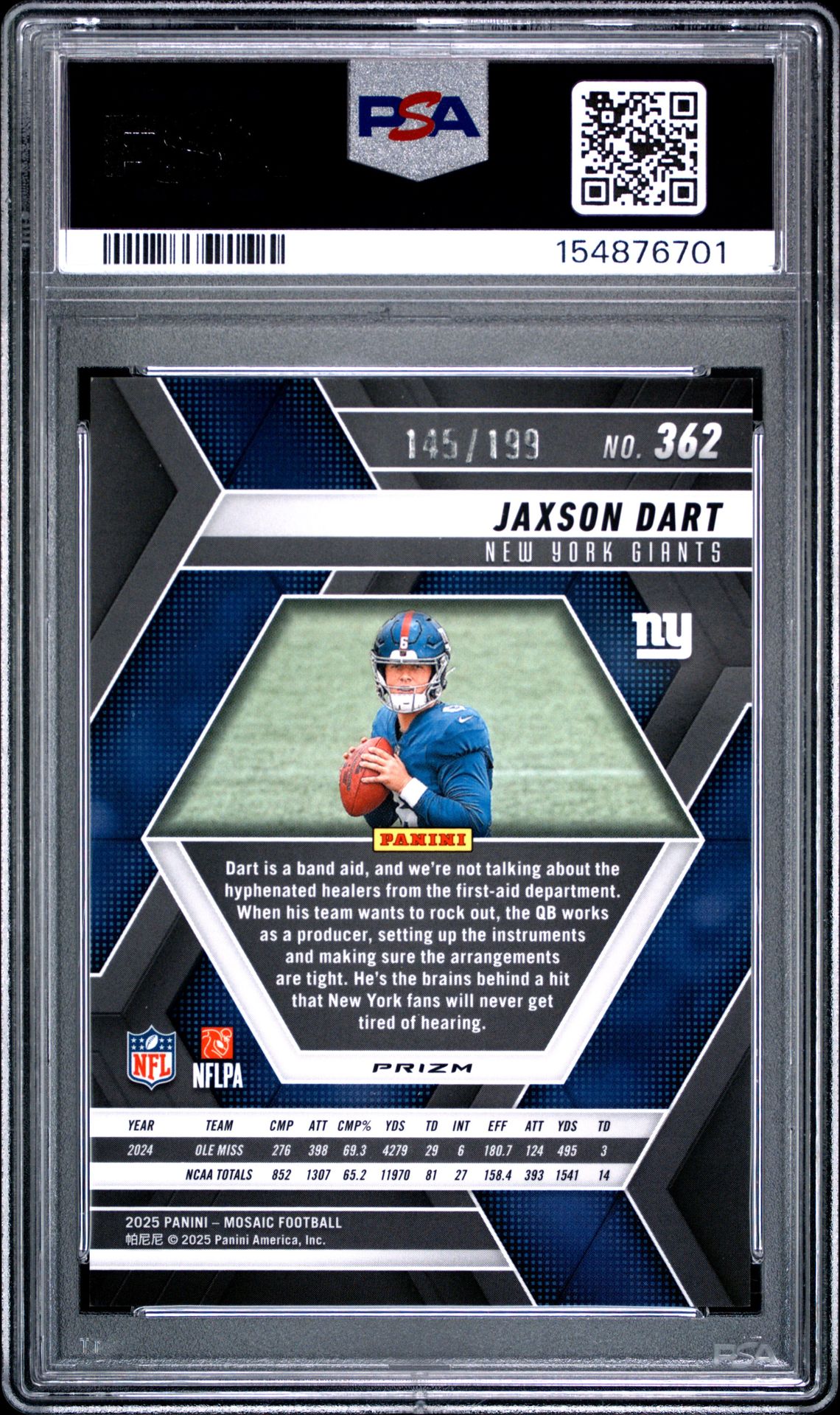 2025 PANINI MOSAIC JAXSON DART ORANGE 362 GEM MT 10 back