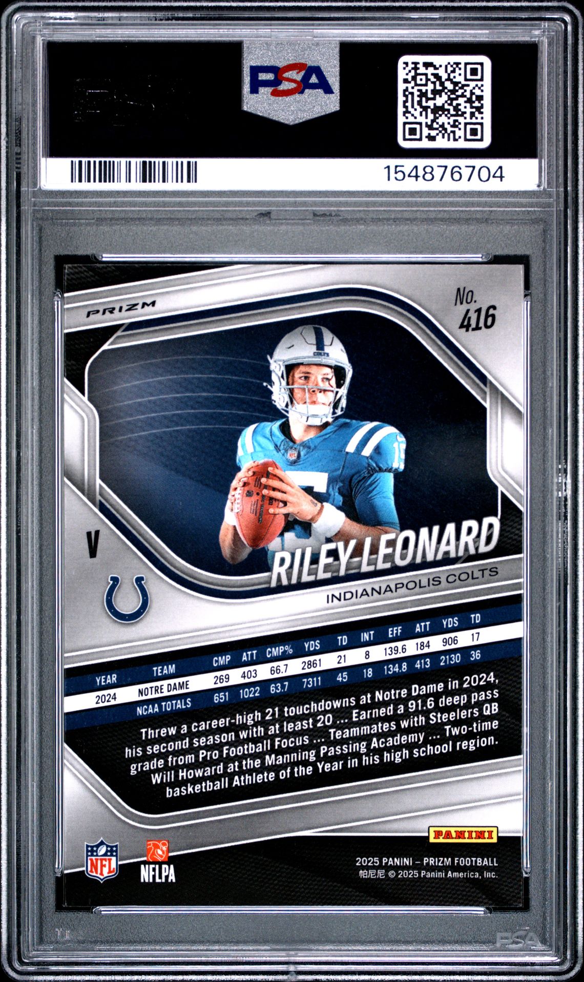2025 Panini Prizm Riley Leonard #416 (Silver Prizm) Mint 9 back