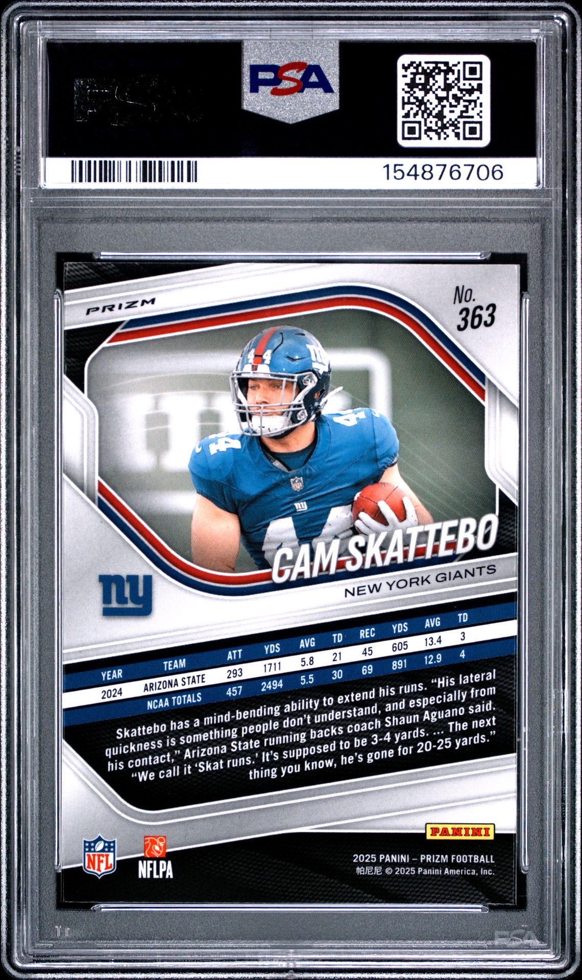 2025 Panini Prizm Cam Skattebo #363 (Lazer Prizm) Gem Mt 10 back view - PSA certificate #154876706