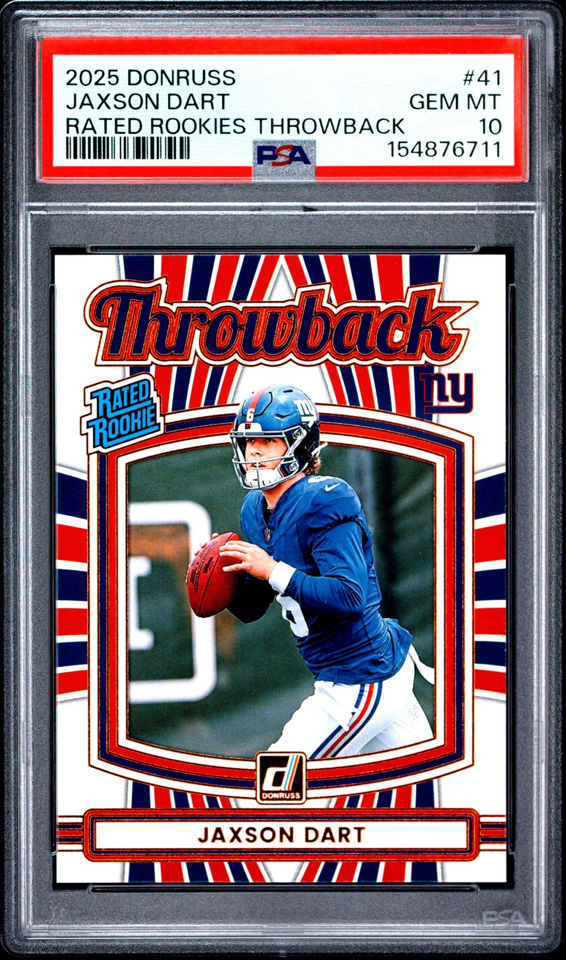 2025 Panini Donruss Rated Rookies Throwback Jaxson Dart #41 Gem Mt 10 front view - PSA graded GEM MT 10