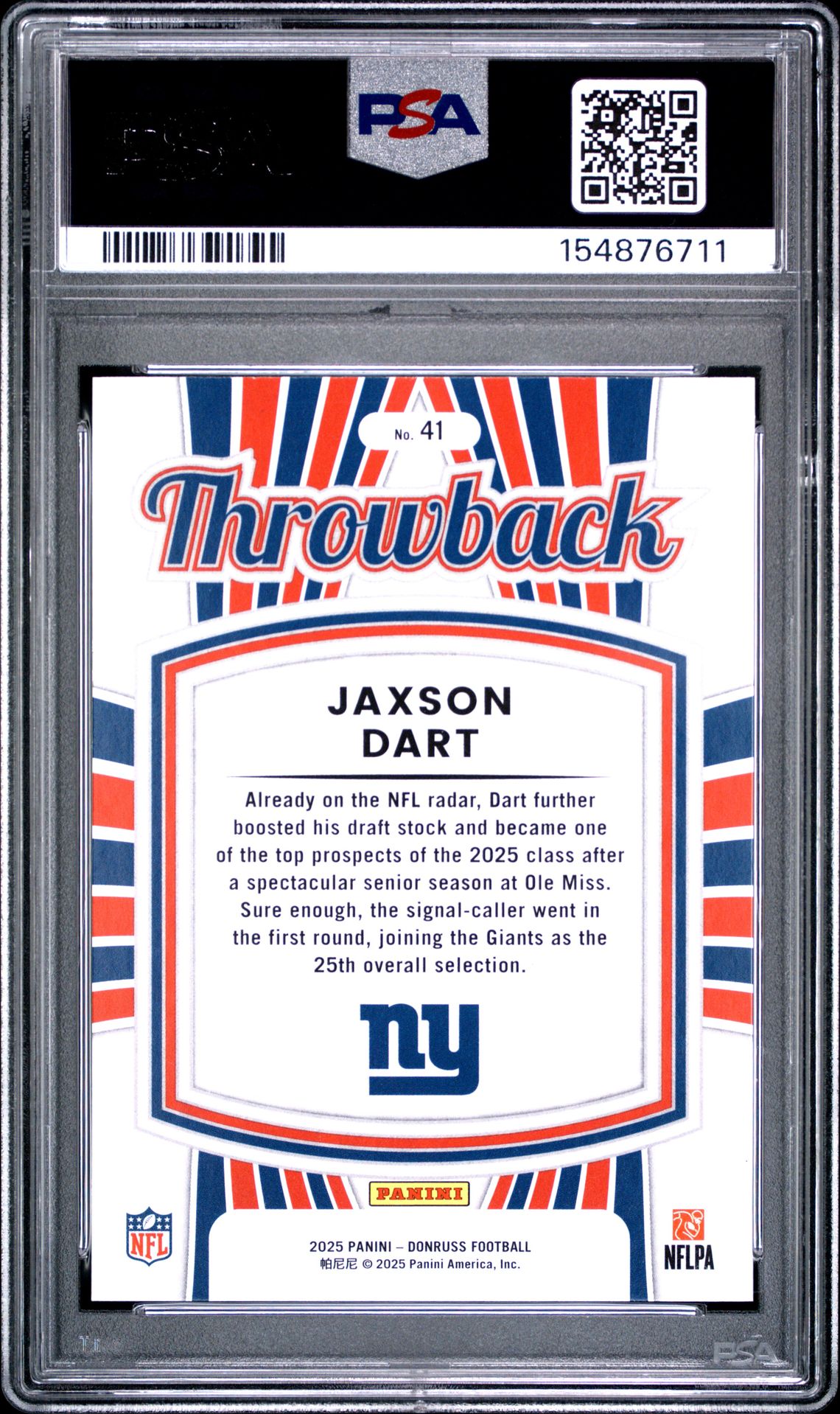 2025 Panini Donruss Rated Rookies Throwback Jaxson Dart #41 Gem Mt 10 back view - PSA certificate #154876711