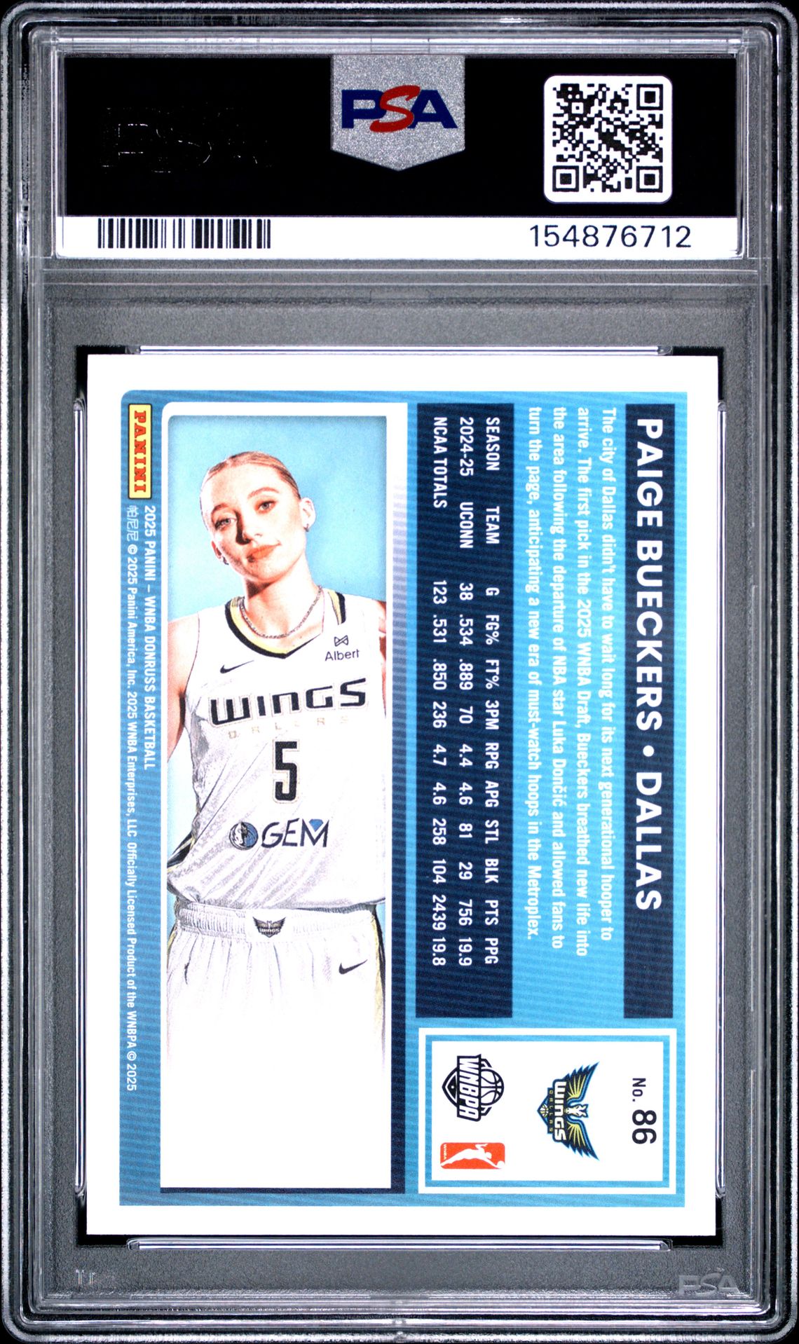 2025 Panini Donruss Wnba Paige Bueckers #86 Gem Mt 10 back view - PSA certificate #154876712