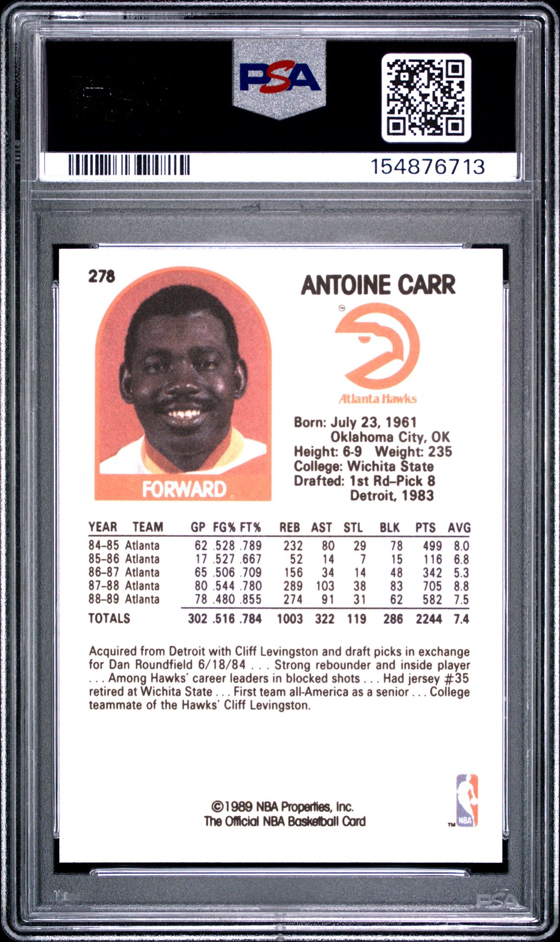 1989 Hoops Antoine Carr #278 Mint 9 back