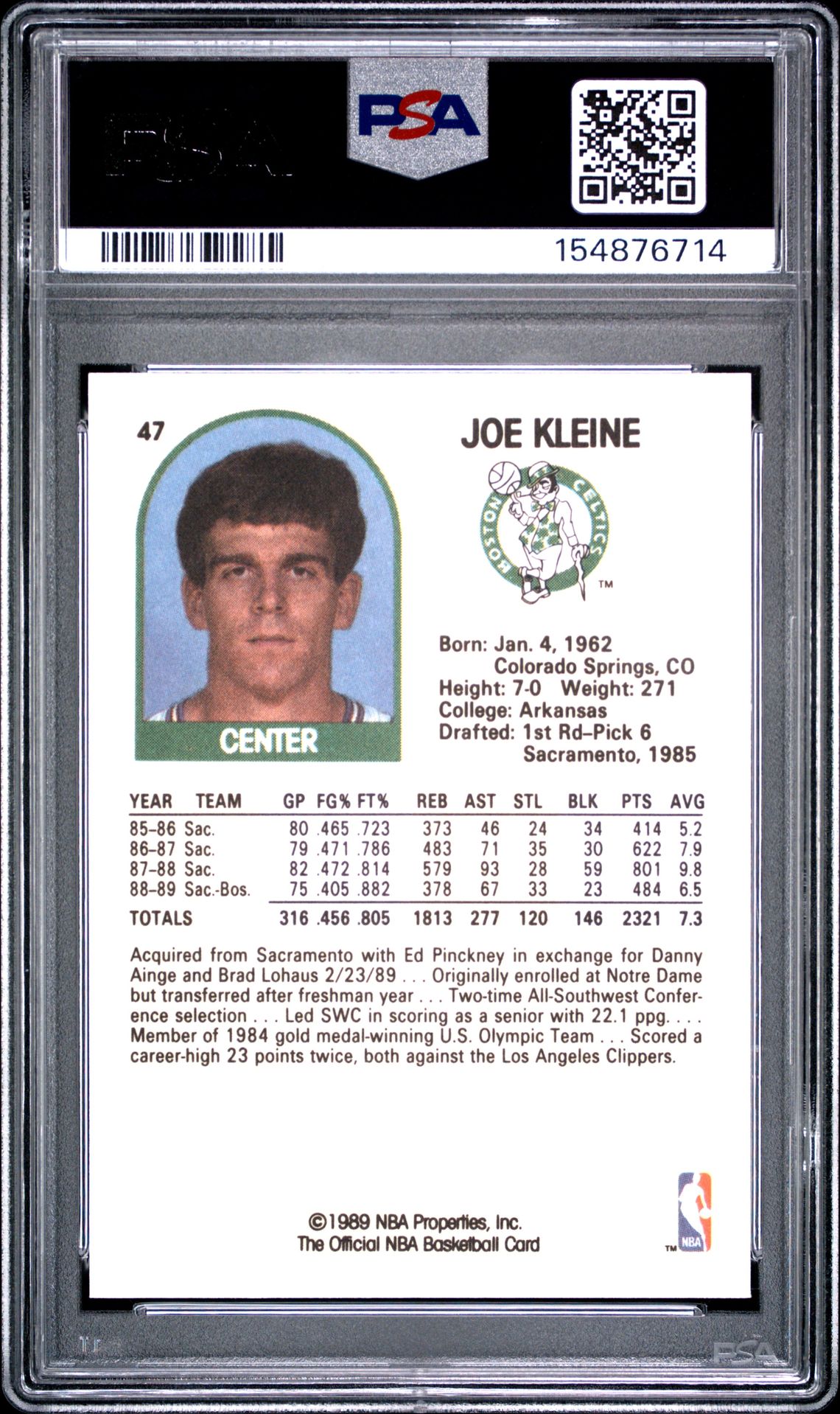 1989 Hoops Joe Kleine #47 Mint 9 back