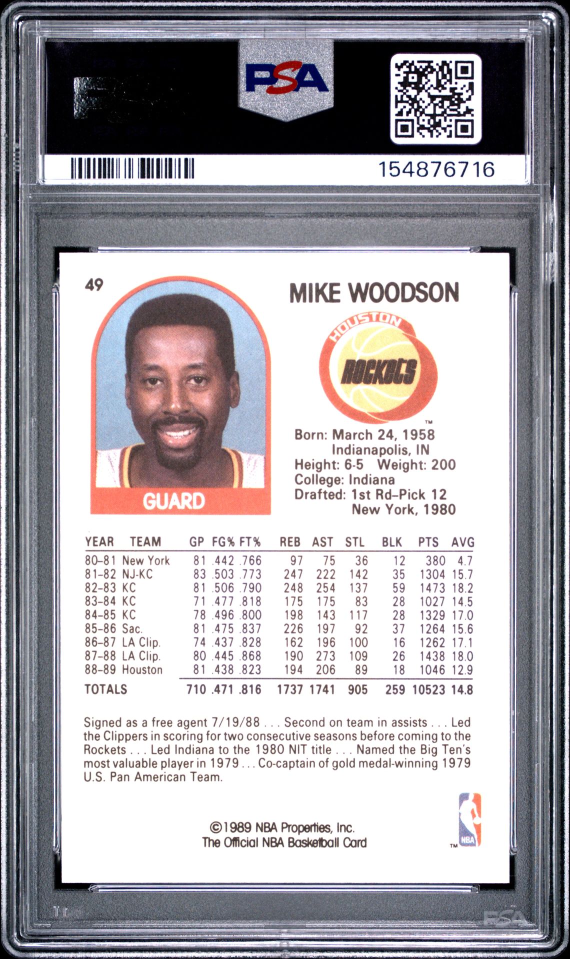 1989 Hoops Mike Woodson #49 Mint 9 back