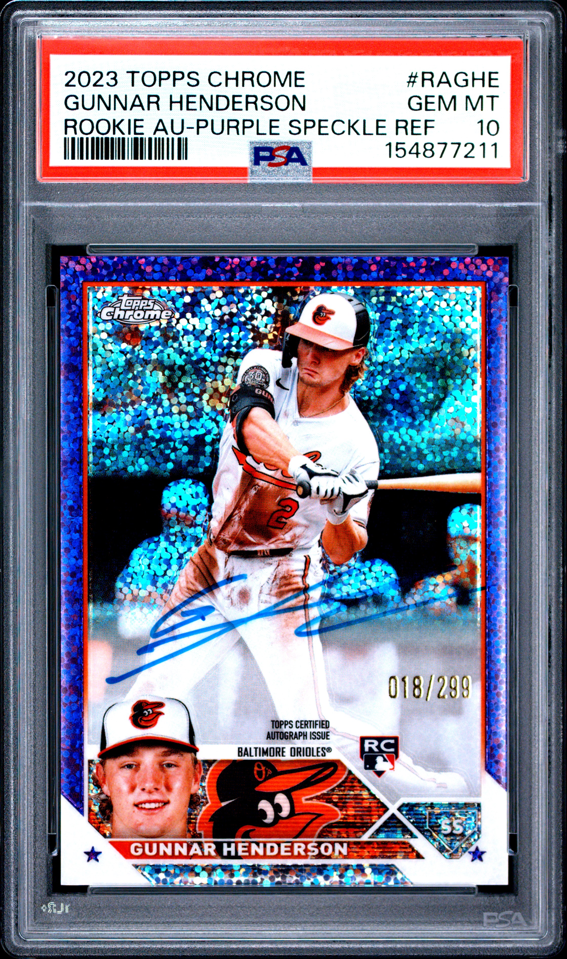 2023 Topps Chrome Rookie Autograph Gunnar Henderson Purple Speckle Refractor #RAGHE PSA 10