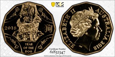 2018 50C Year of the Dog Gilt CuNi MS69