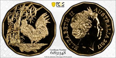 2017 50C Year of the Rooster WMF Issue Gilt Cu-Ni MS69