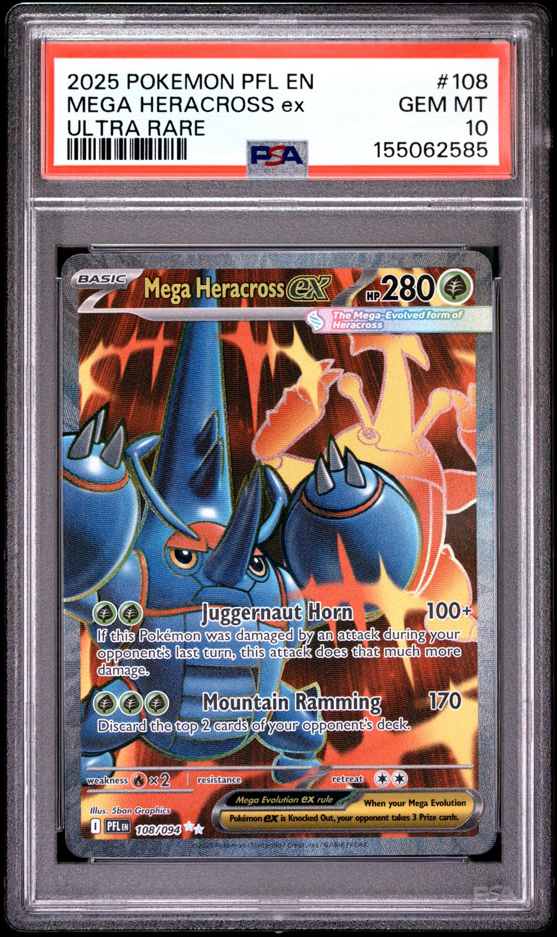 2025 Pokemon Pfl En-Phantasmal Flames Mega Heracross Ex #108 (Ultra Rare) Gem Mt 10 front view - PSA graded GEM MT 10