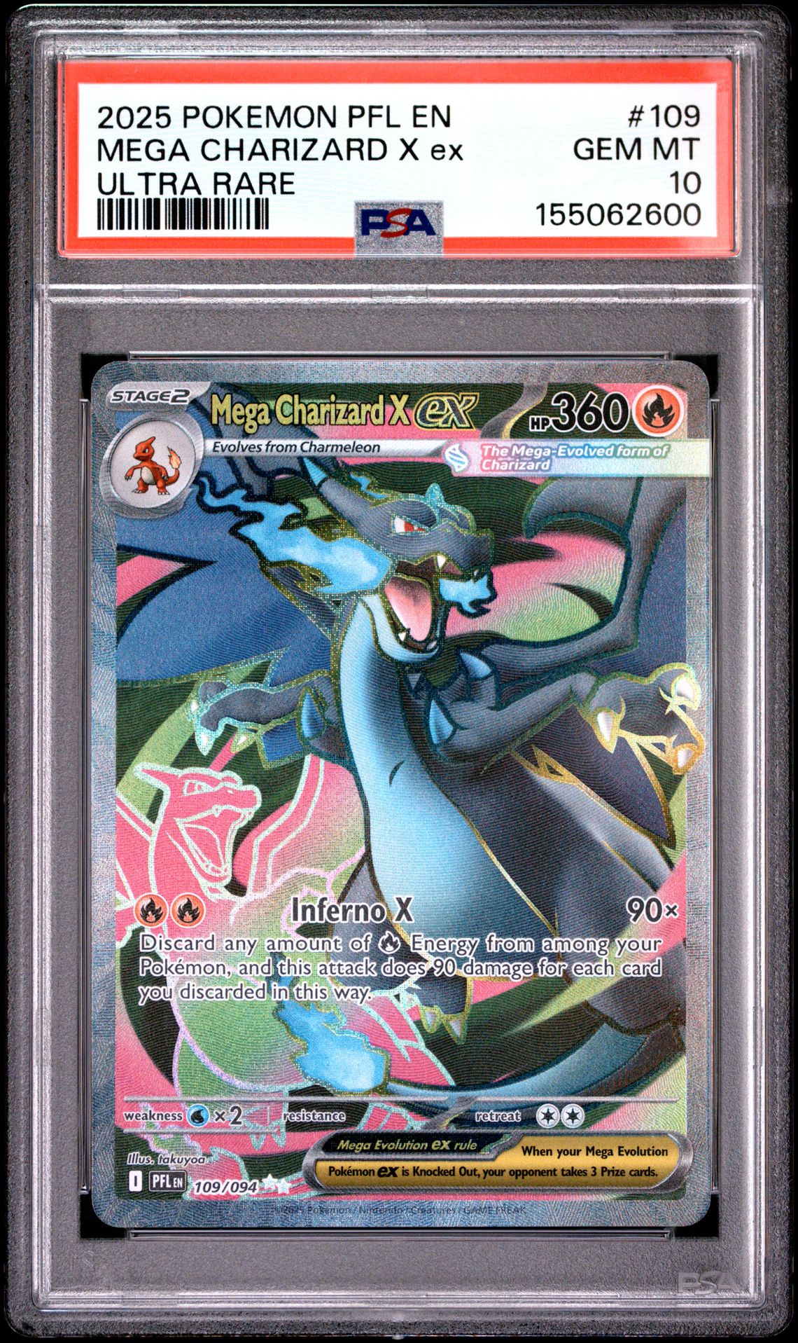 2025 Pokemon Pfl En-Phantasmal Flames Mega Charizard X Ex #109 (Ultra Rare) Gem Mt 10 front view - PSA graded GEM MT 10