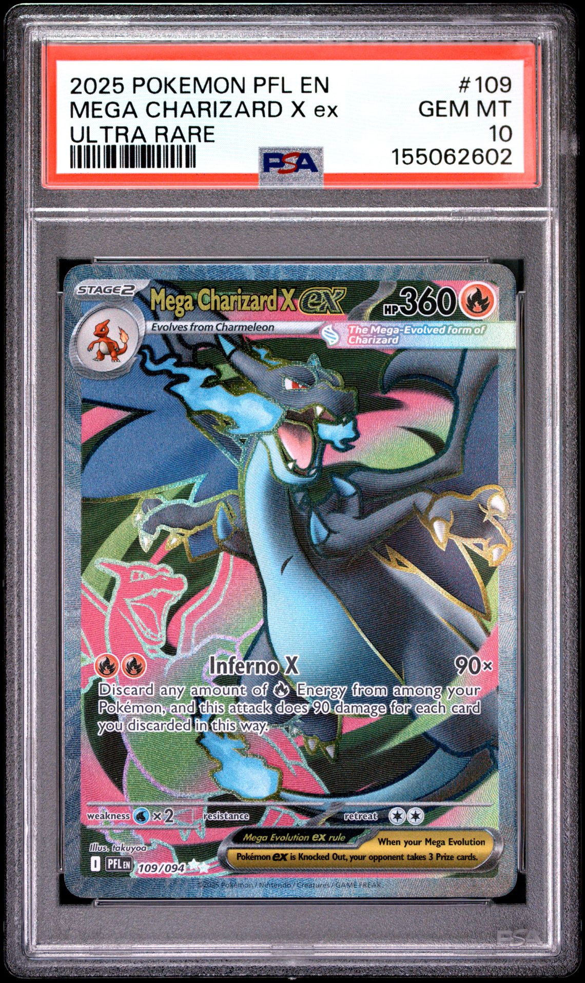 2025 Pokemon Pfl En-Phantasmal Flames Mega Charizard X Ex #109 (Ultra Rare) Gem Mt 10 front view - PSA graded GEM MT 10