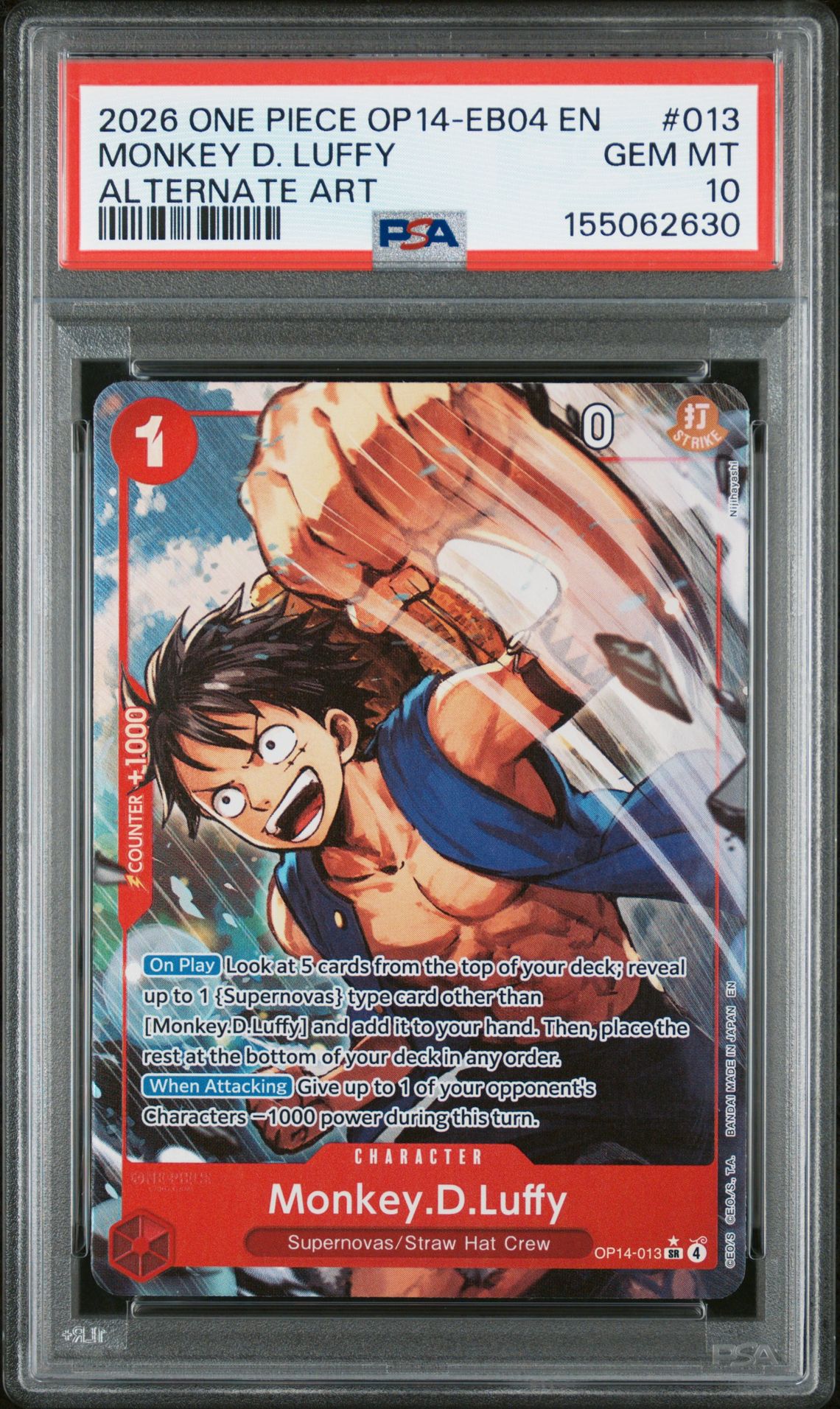 2026 One Piece Op14-Eb04-The Azure Sea's Seven Monkey D. Luffy #013 (Alternate Art) Gem Mt 10 front