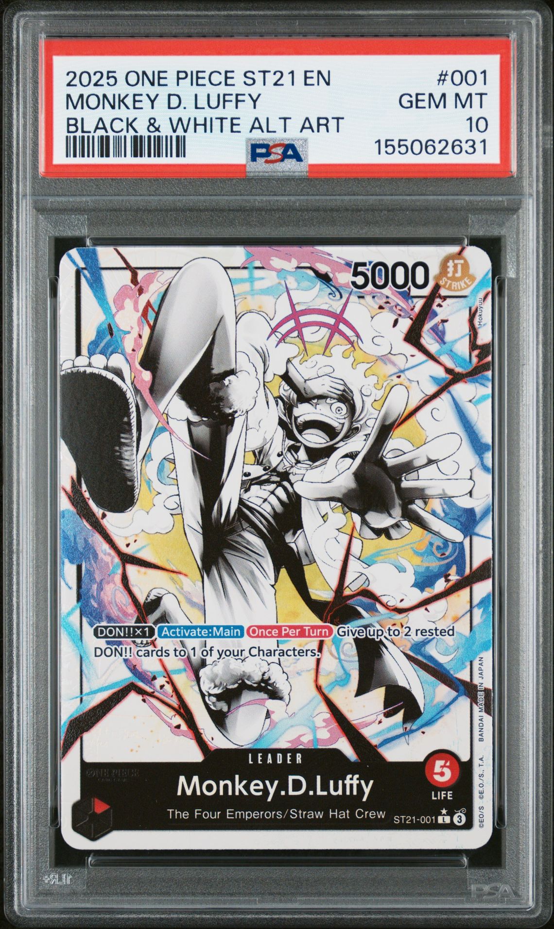 2025 One Piece Starter Deck St21-Ex Gear 5 Monkey D. Luffy #001 (Black & White Alt Art) Gem Mt 10 front