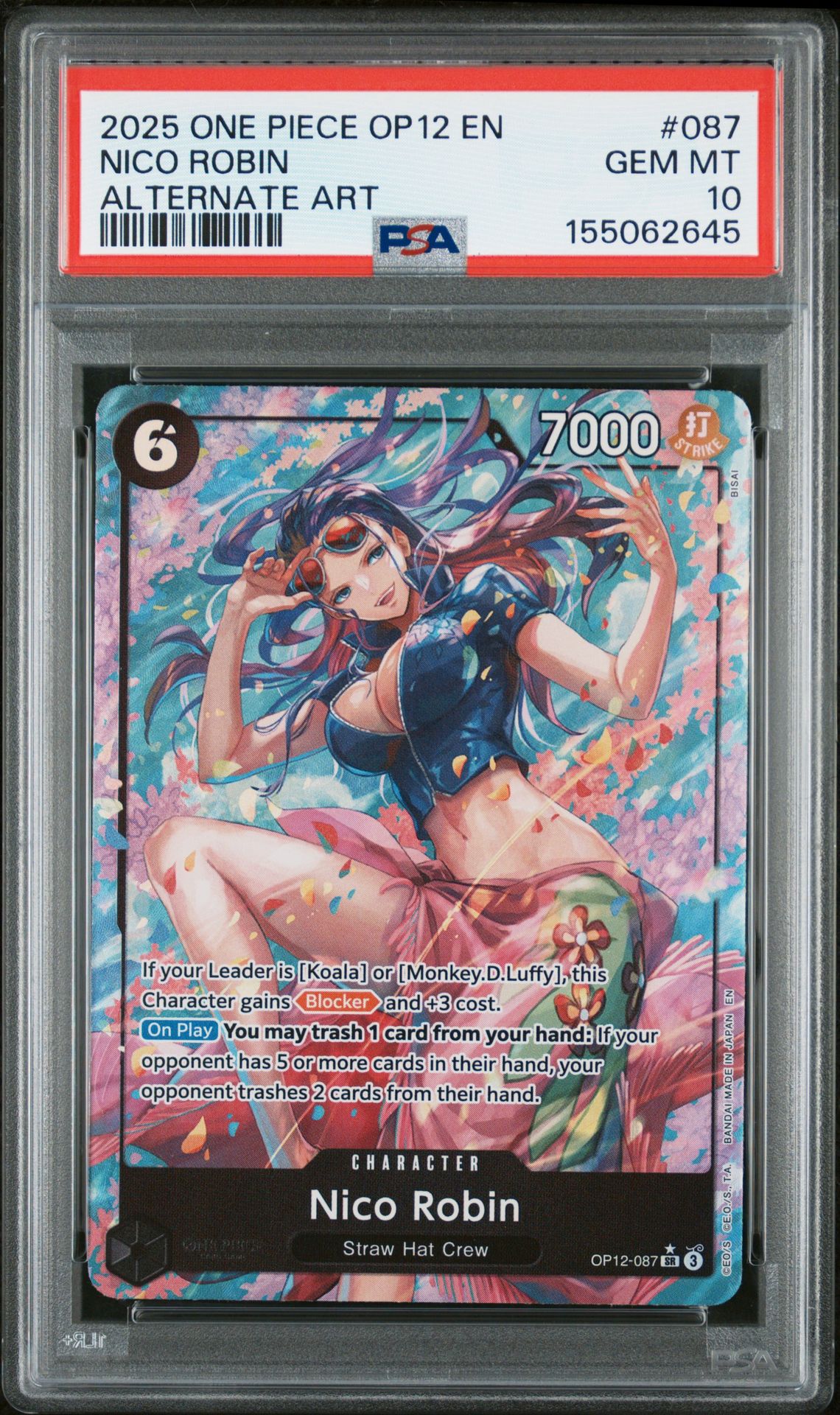 2025 ONE PIECE OP12-LEGACY OF THE MASTER NICO ROBIN ALTERNATE ART 087 GEM MT 10 front