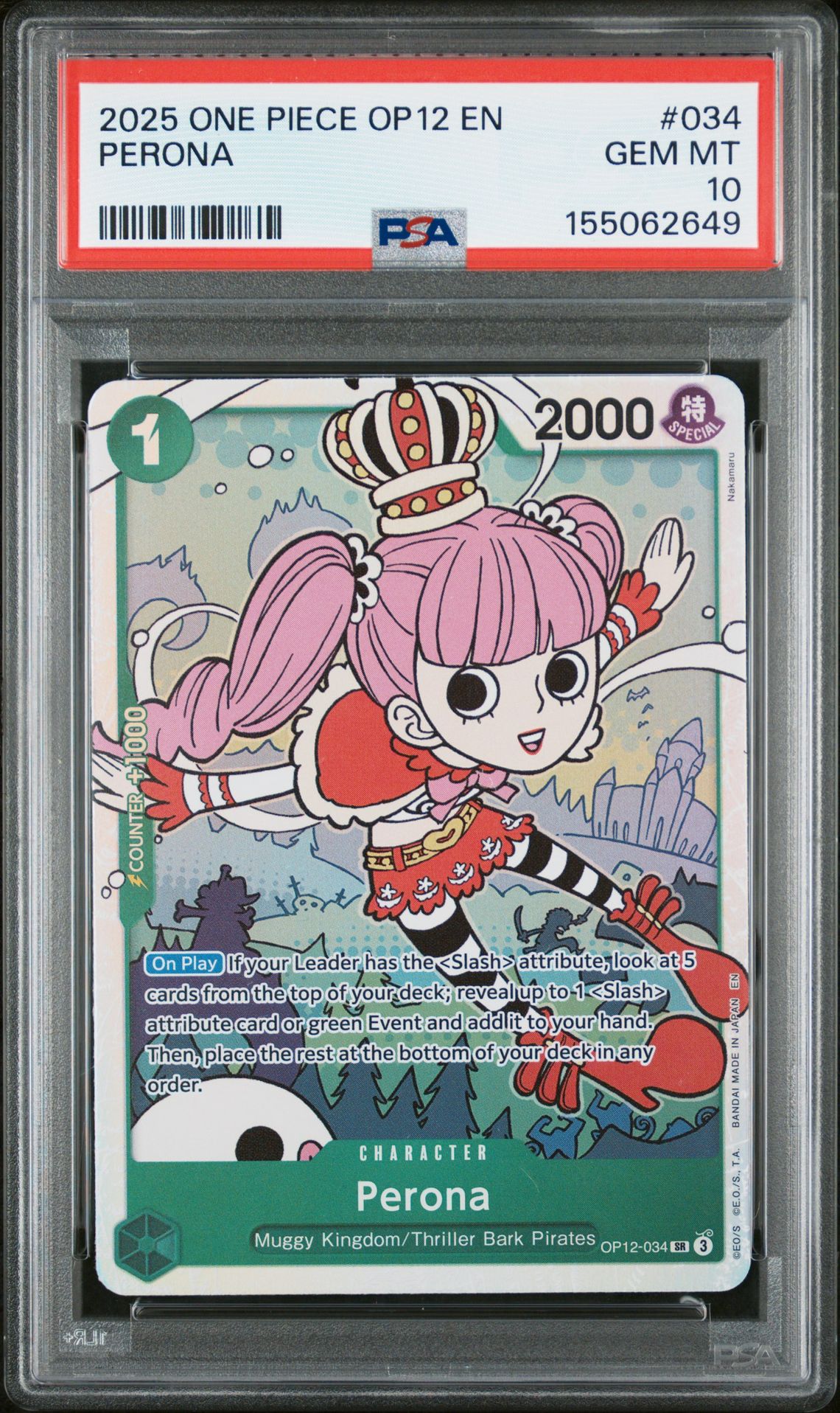 2025 One Piece Op12-Legacy Of The Master Perona #034 Gem Mt 10 front view - PSA graded GEM MT 10